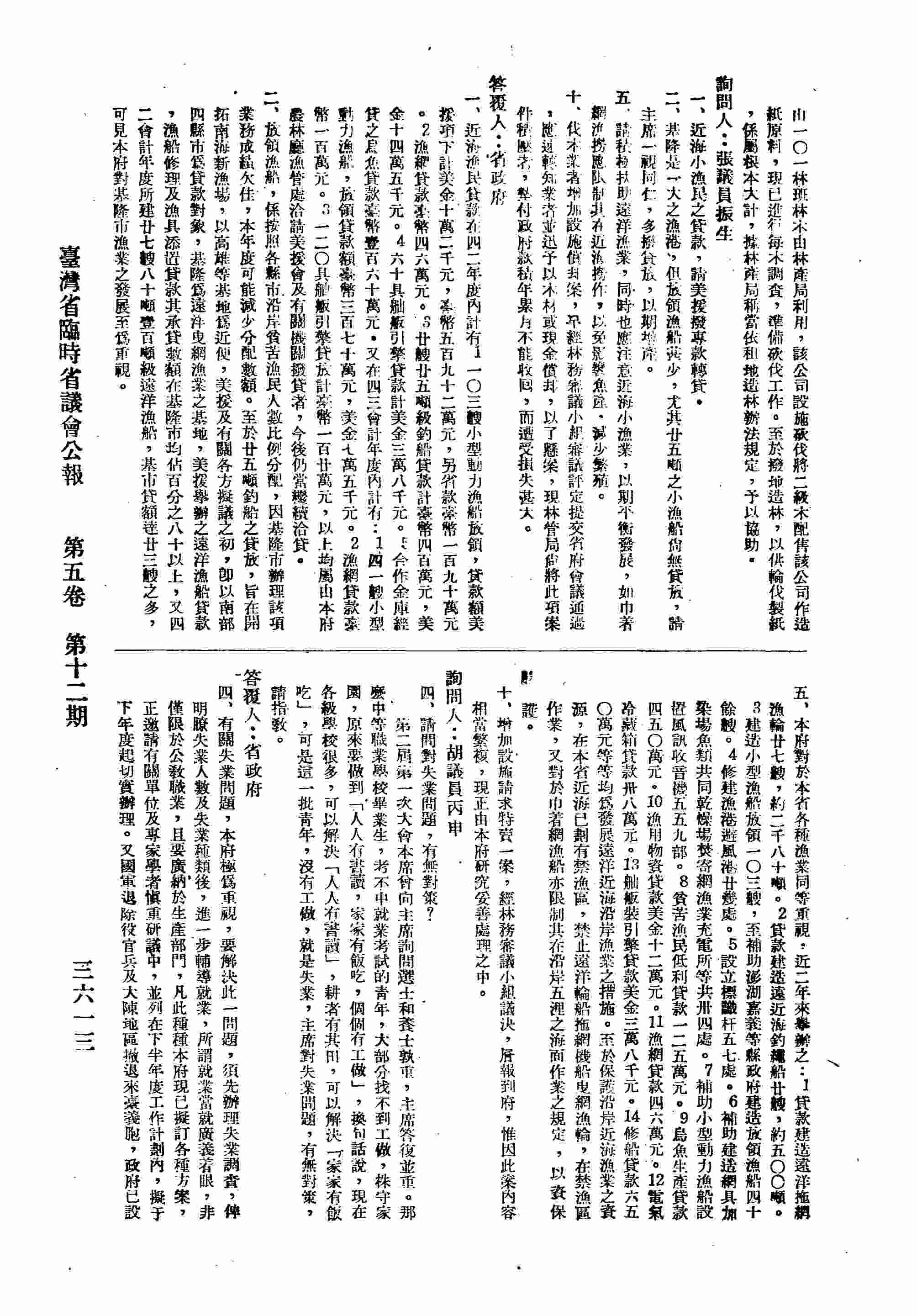 一、近海小漁民之貸款，請美援撥專款轉貸；二、基隆是一大漁港，請主席一事同仁，多撥貸放；五、請積極扶助遠洋漁業，同時也注意近海小漁業；十、伐木業者增加設施償?案。