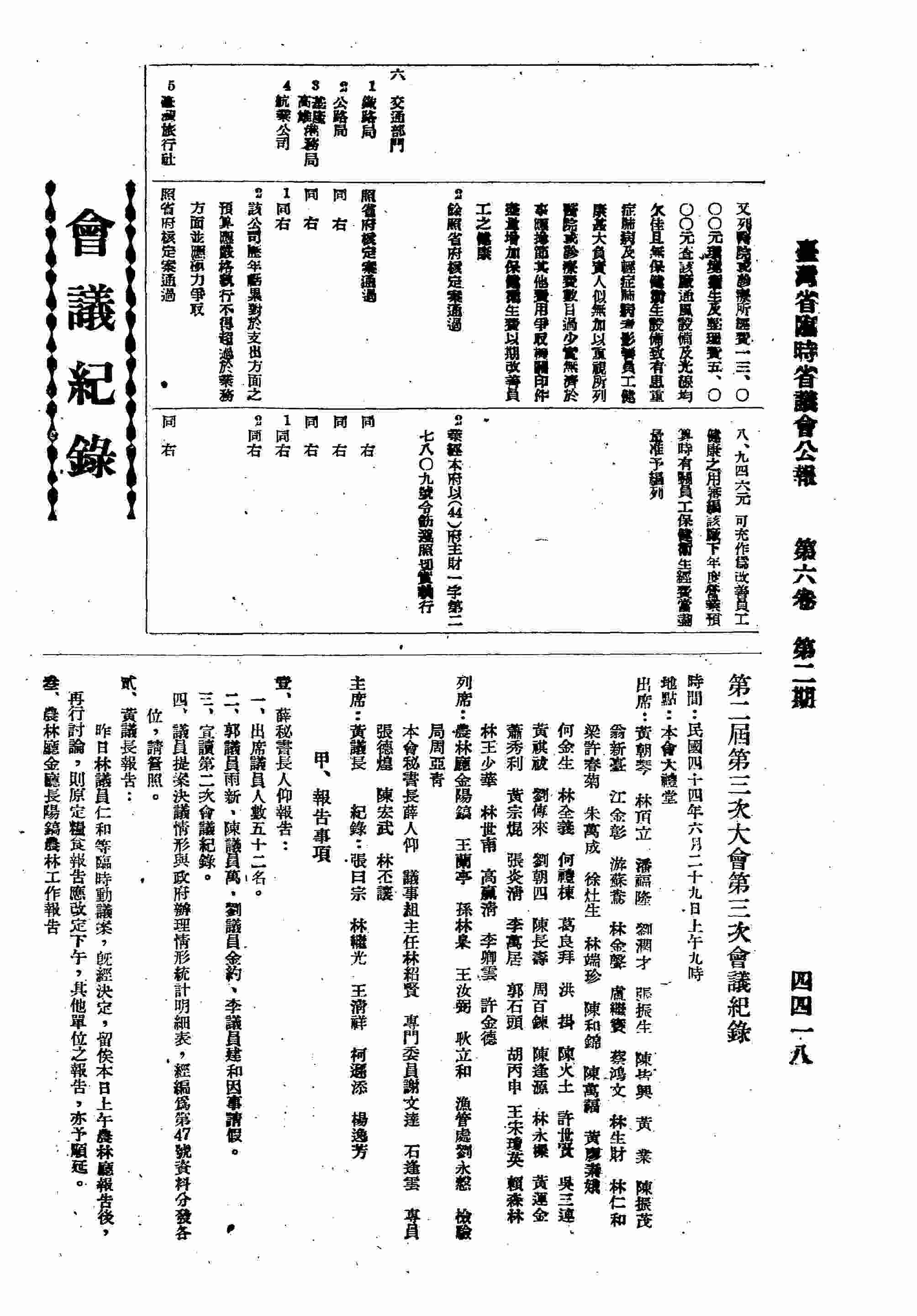 第二屆第三次大會第三次會議紀錄：甲、報告事項；乙、臨時動議。