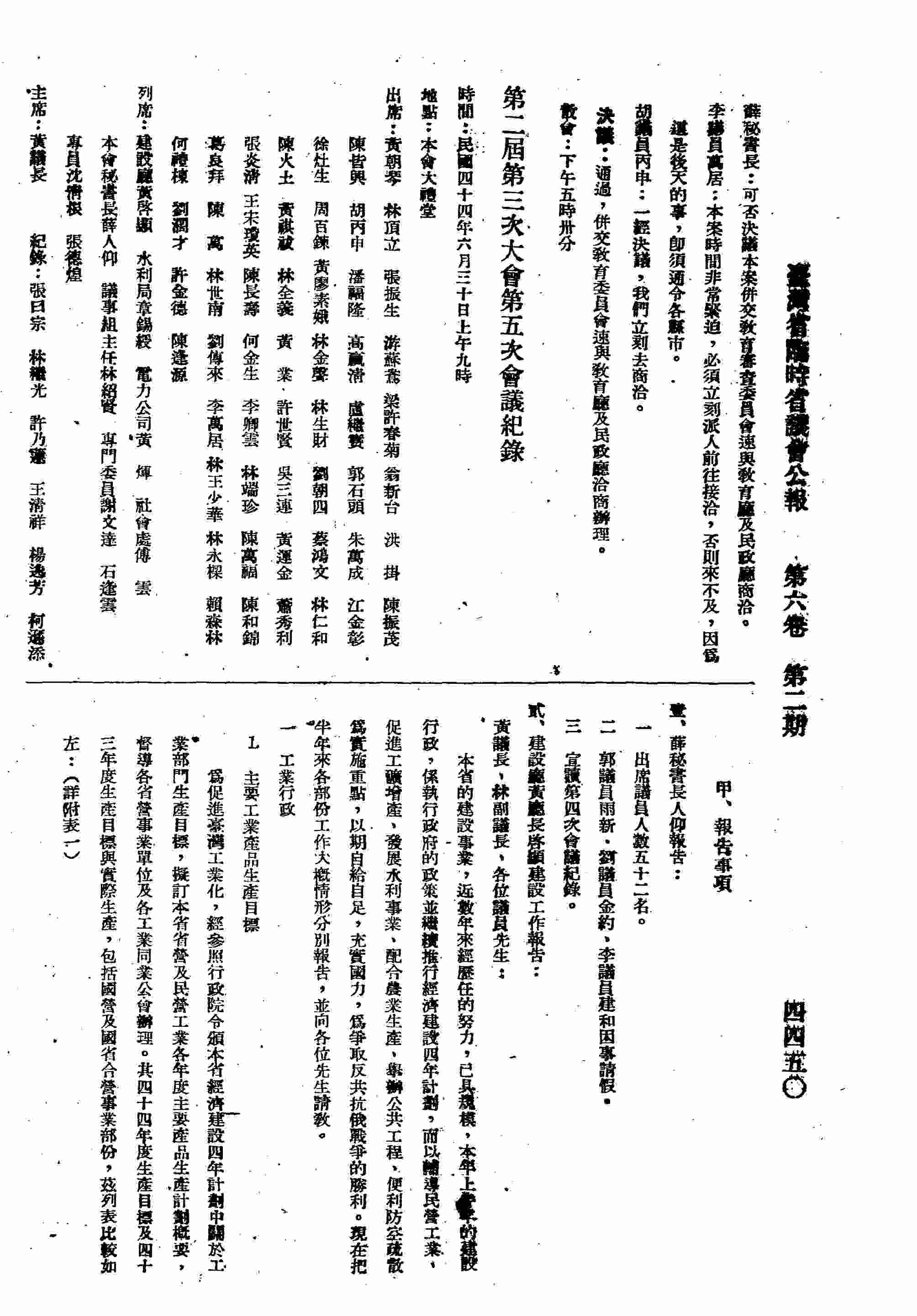第二屆第三次大會第五次會議紀錄：甲、報告事項；乙、臨時動議。