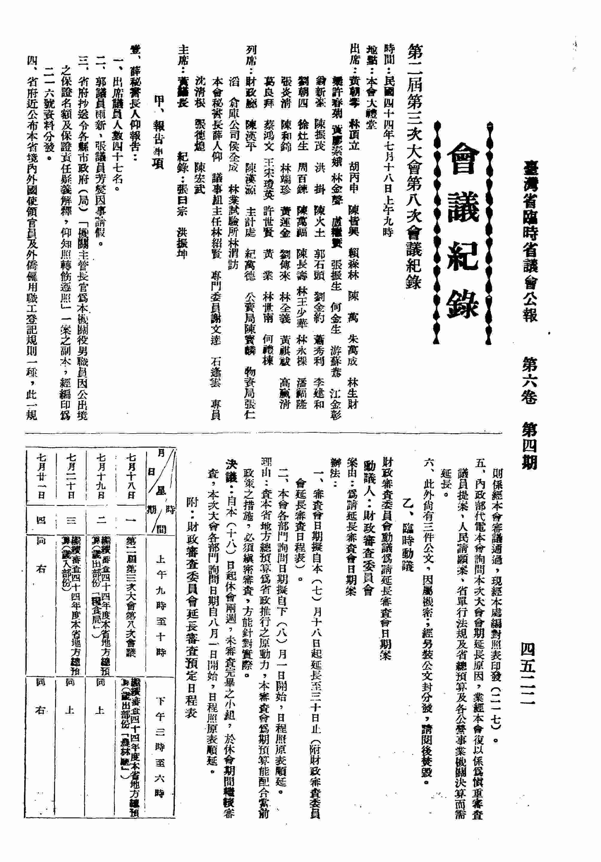 第二屆第三次大會第八次會議紀錄；甲、報告事項，乙、臨時動議，附：財政審查委員會近長審查預定日程表、附：第二次會議財政廳廳長財政工作報告。