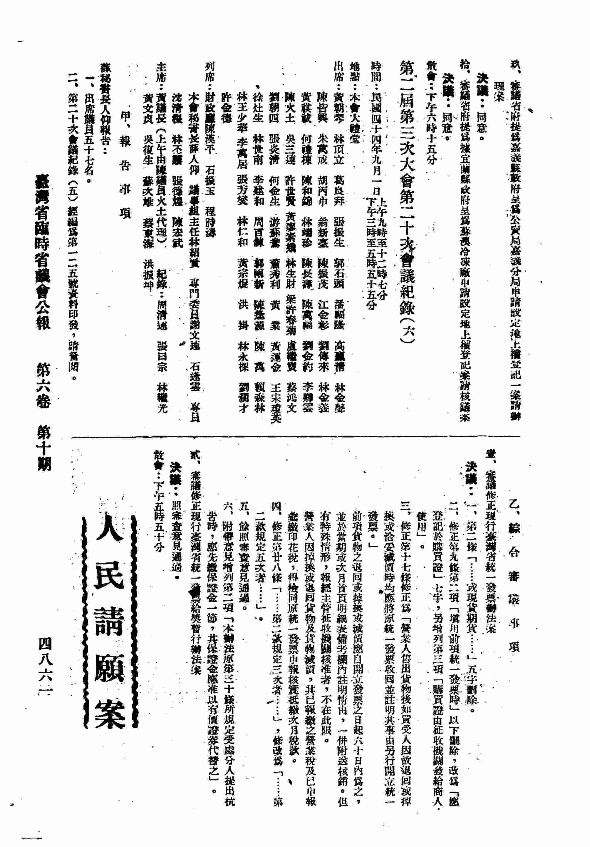 第二屆第三次大會第二十次會議紀錄（六）：甲、報告事項；乙、綜合審議事項。