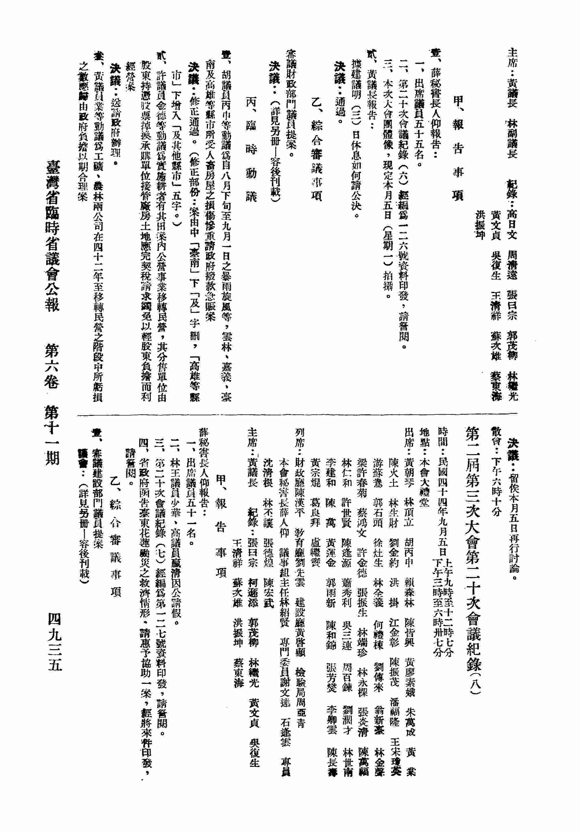 第二屆第三次大會第二十次會議紀錄（八）：甲、報告事項；乙、綜合審議事項；丙、臨時動議。