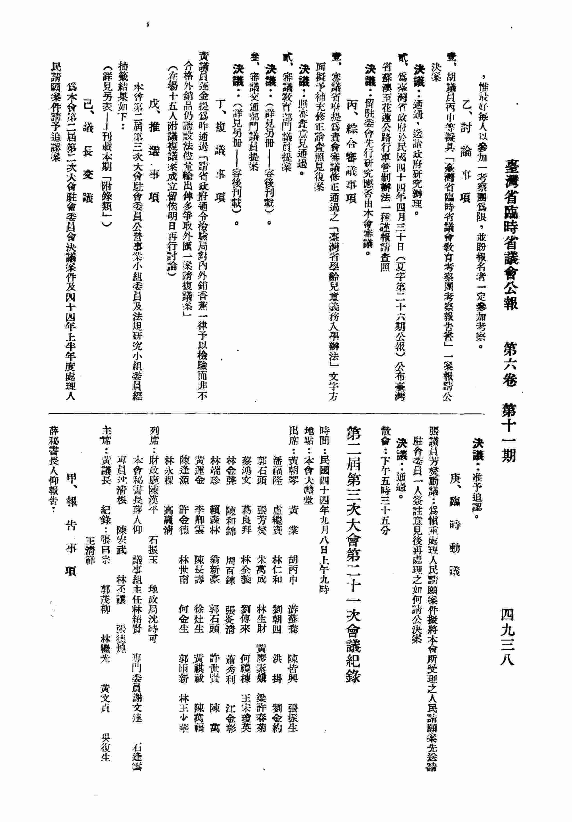 第二屆第三次大會第二十一次會議紀錄：甲、報告事項；乙、討論事項；丙、綜合審議事項，丁、複議事項，戊、推選事項，己、議長交議，庚、臨時動議。