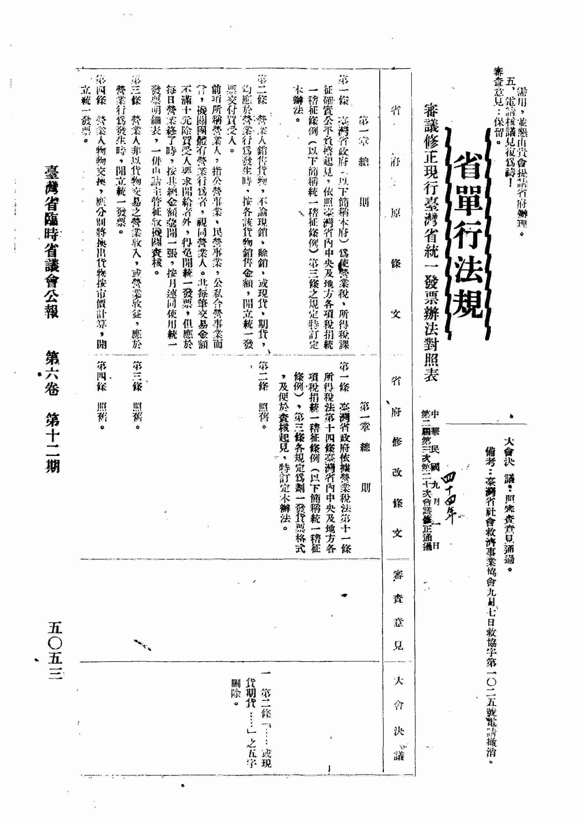 財政類：審議修正現行臺灣省統一發票辦法對照表。