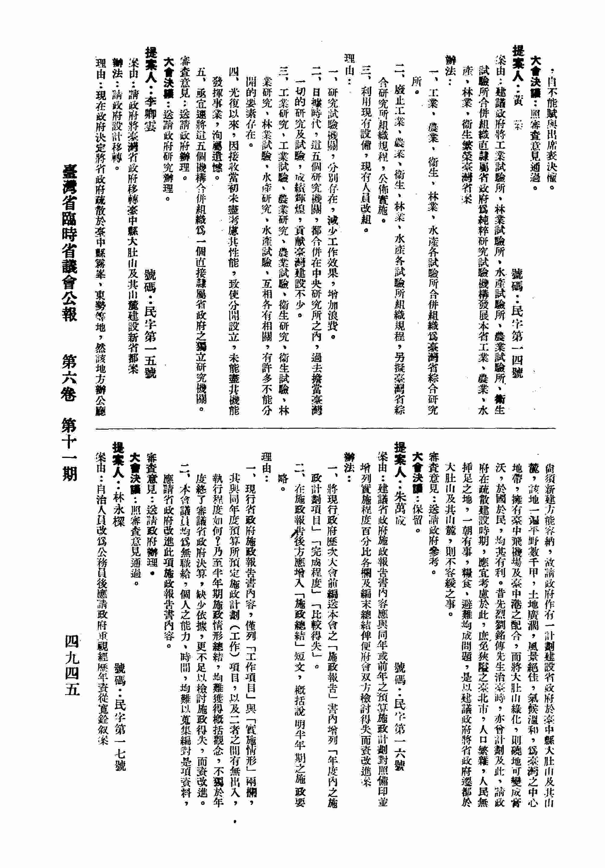 建議政府將工業試驗所、林業試驗所、農林試驗所、水產試驗所、農業試驗所、衛生試驗所合併組織直隸屬省政府為純粹研究試驗機構發展本省工業、農業、水產、林業、衛生繁榮臺灣省案。