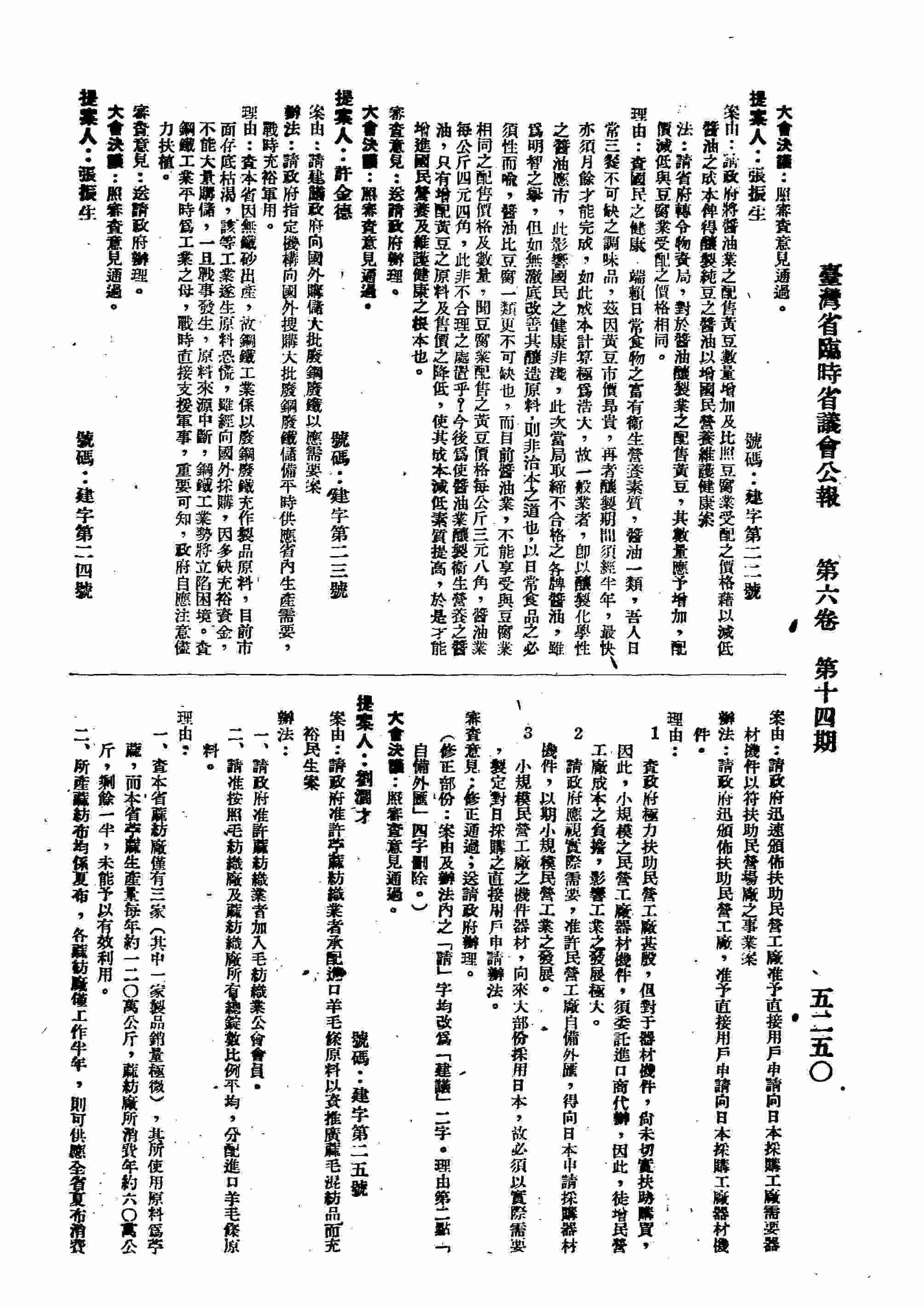 請政府將醬油業之配售黃豆數量數增加及比照豆腐業受配之價格藉以減低醬油之成本俾得釀製純豆之醬油以增國民營養維護健康案。