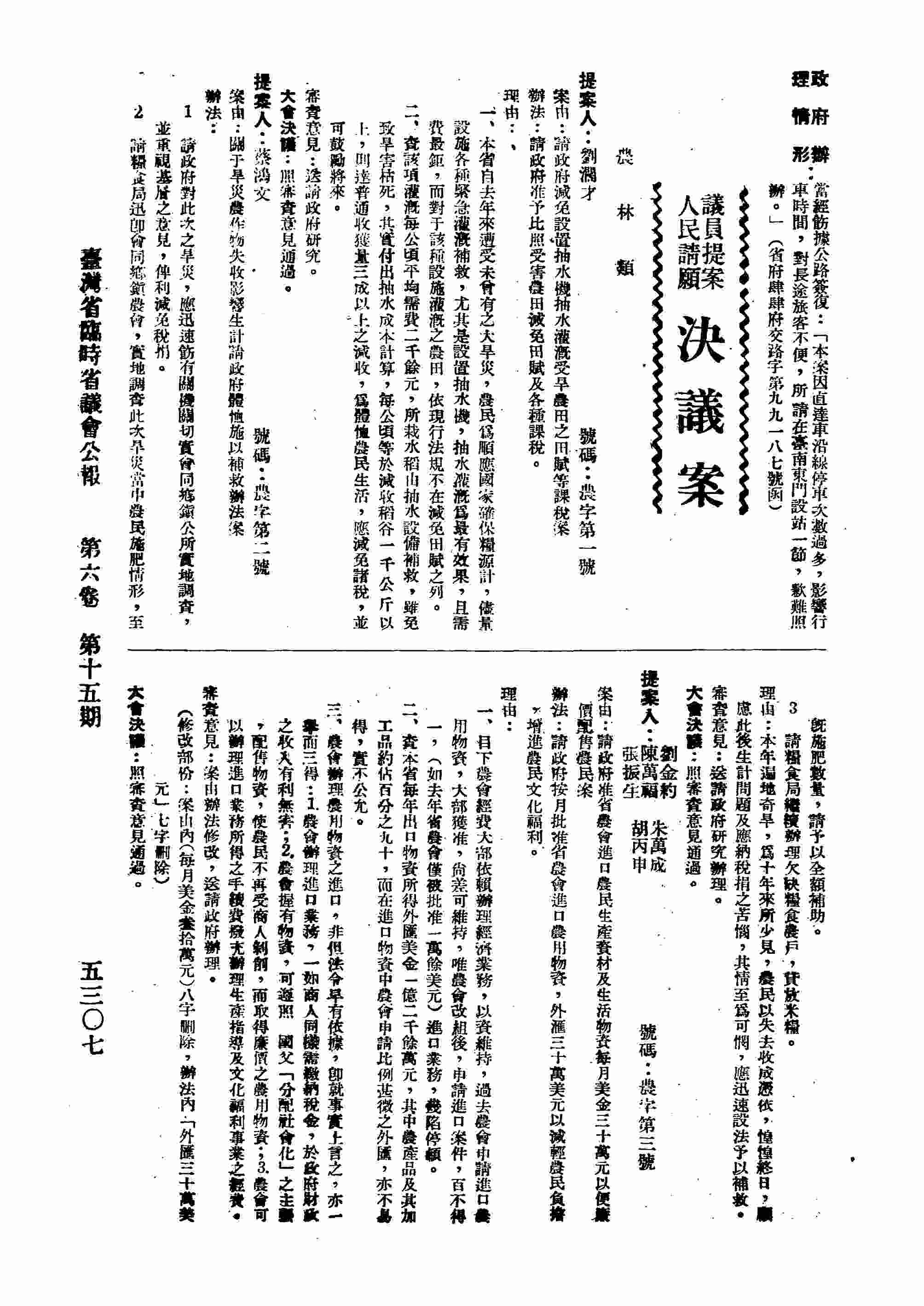 請政府減免設置抽水灌溉受旱農田之田賦等課稅案。