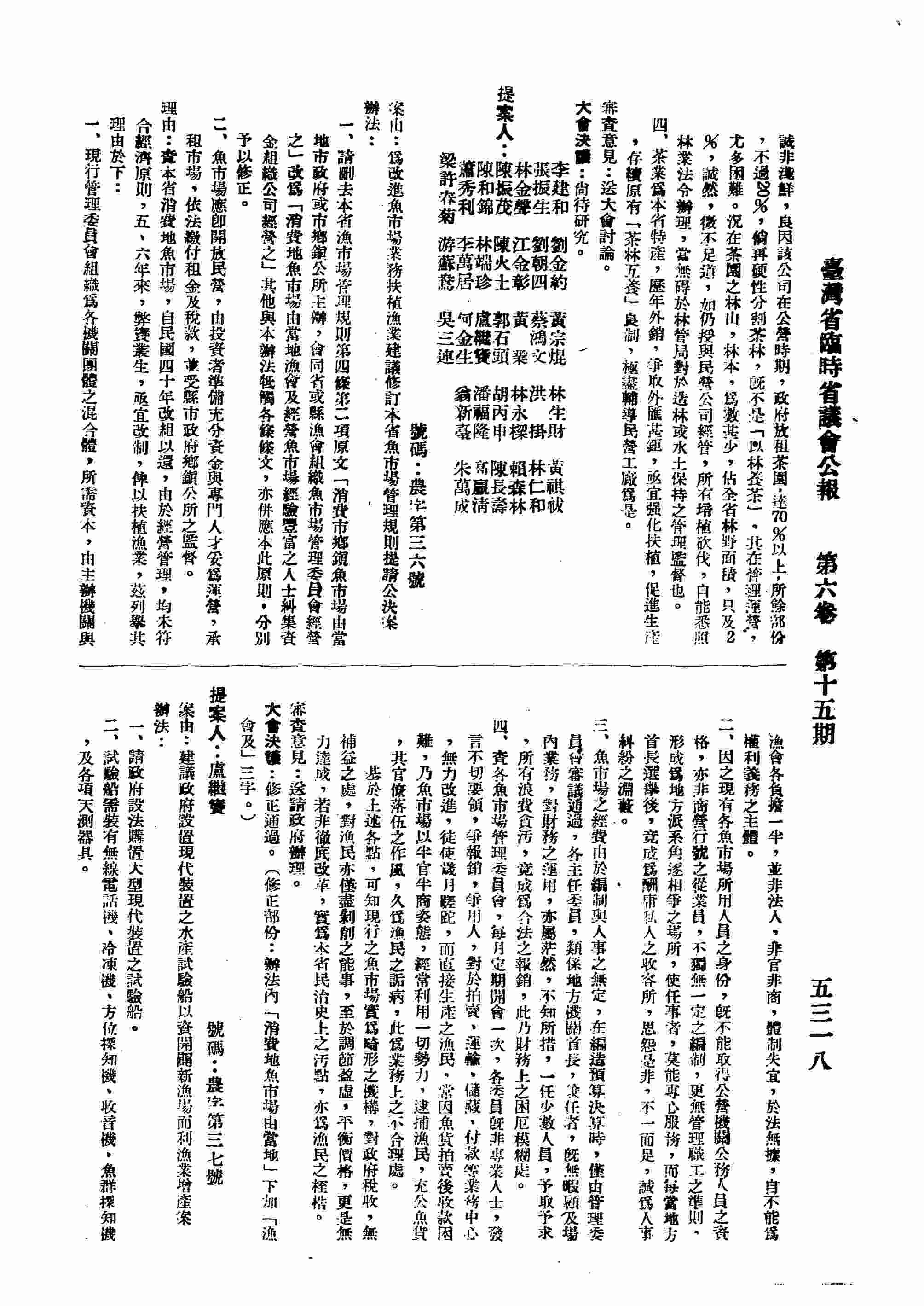 為改進魚市場業務扶植漁業建議修訂本省魚市場管理規則提請公決案。