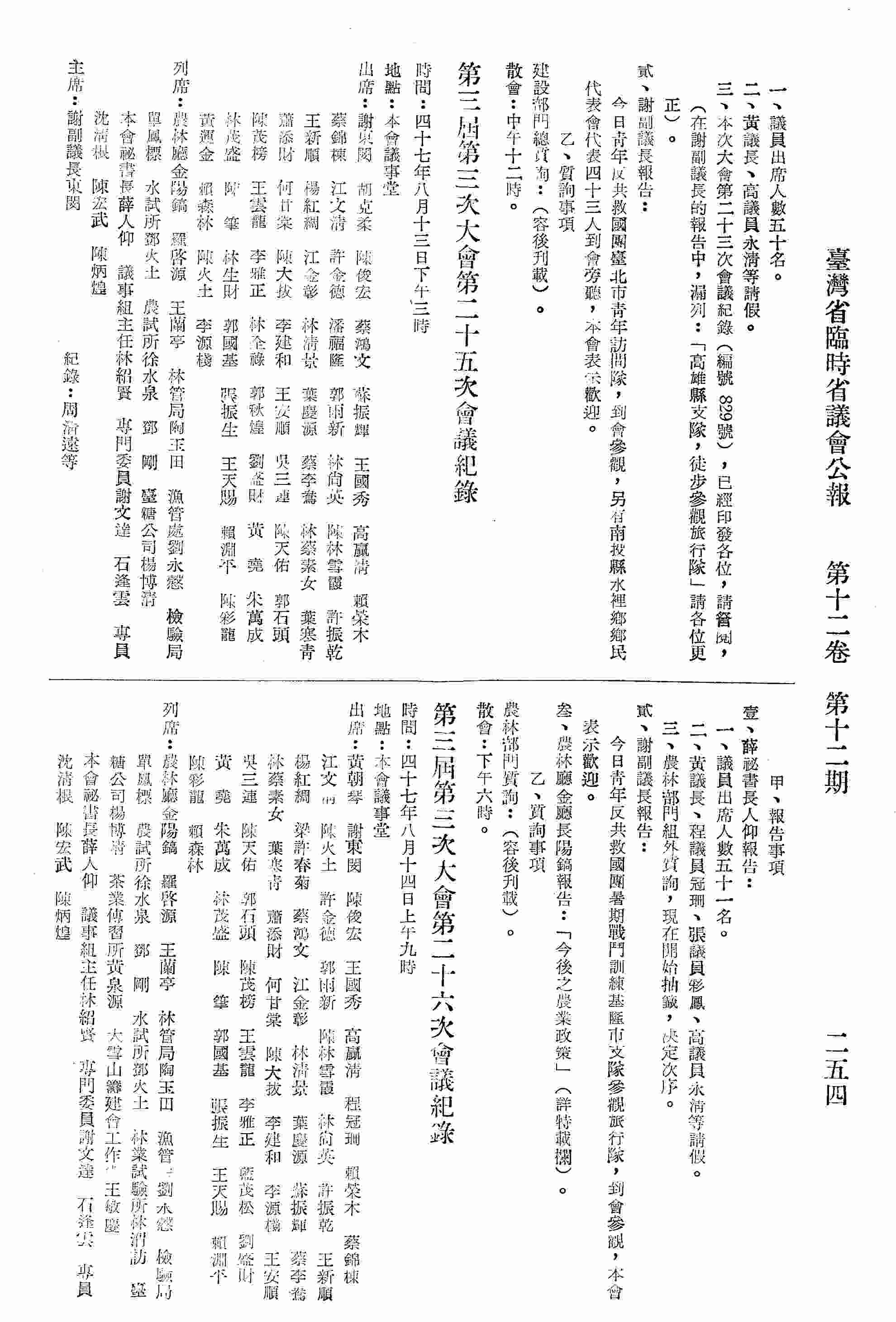 第三屆第三次大會第二十五次會議紀錄：甲、報告事項：壹、秘書長薛人仰報告；貳、謝副議長報告；參、農林廳長金陽鎬報告：「今後之農業政策」；乙、質詢事項：農林部門質詢。