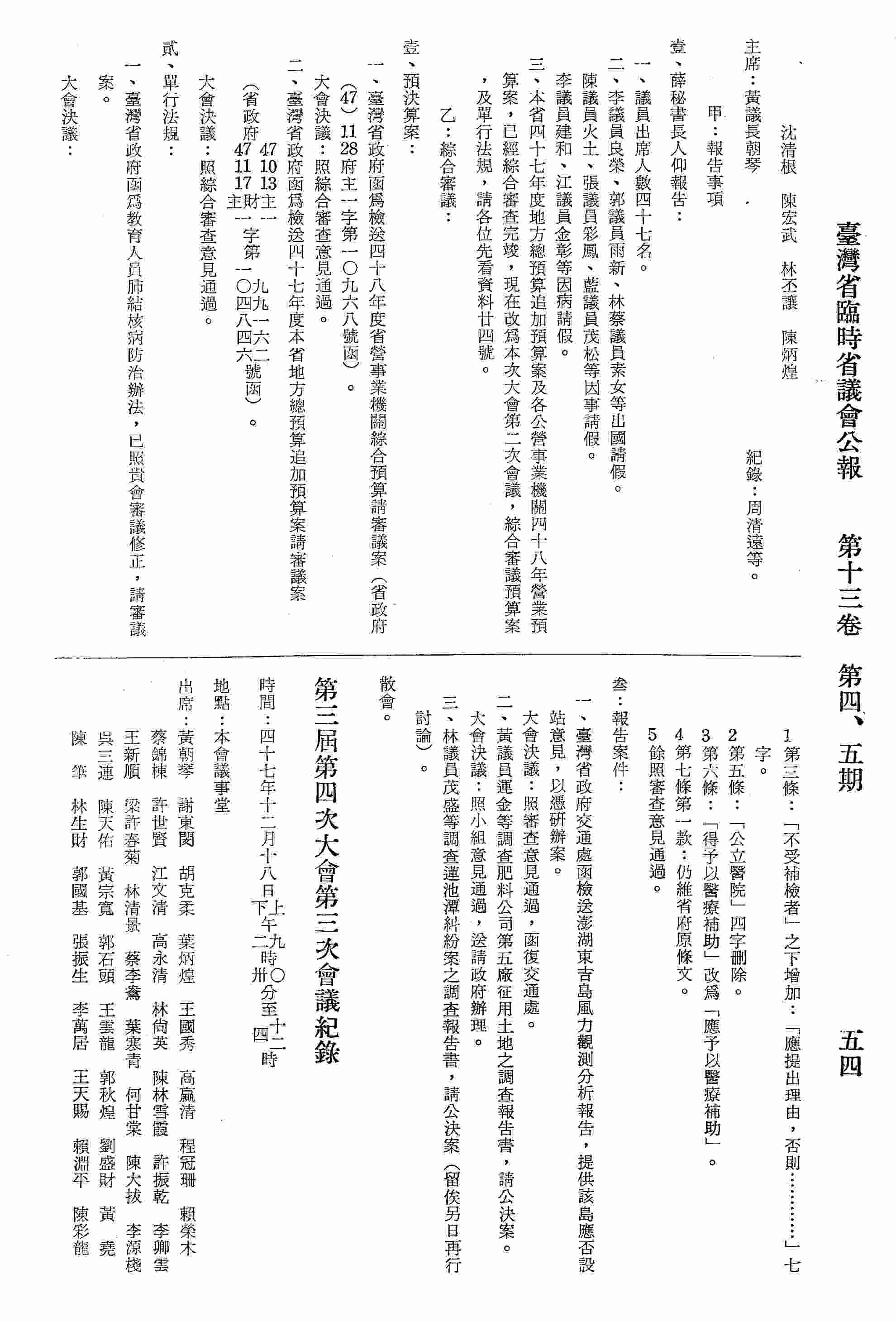 第三屆第四次大會第三次會議紀錄：甲、報告事項；乙、綜合審議：一、議員林茂盛等調查蓮池潭糾紛案之調查報告書，請公決案；二、臺灣省政府函為關於奉令公佈本省電影戲劇事業管理規則修正本，復請查照案；三、臺灣省政府函送修正「臺灣省工廠登記實施辦法」及「臺灣省小型工業登記辦法」條文對照表，請提前審議案。