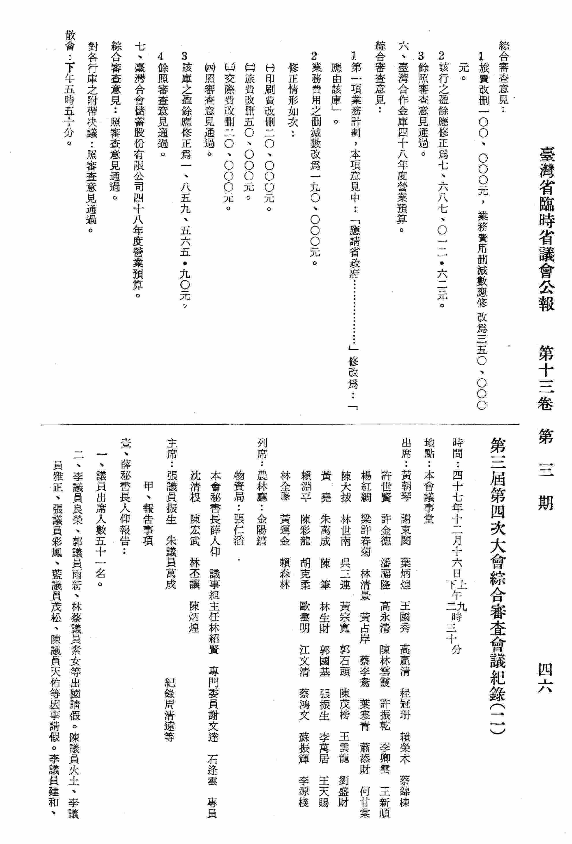 第三屆第四次大會綜合審查會議紀錄〈二〉：甲、報告事項；乙、綜合審查事項：壹、綜合審查本省各公營事業機關四十八年度營業預算案：建設部門：一、臺灣省物資局四十八年度營業預算；二、煤業調節委員會四十八年度營業預算；三、農工企業公司四十八年度營業預算；四、倉庫公司四十八年度營業預算；五、高雄硫酸錏公司四十八年度營業預算；六、高雄工業給水廠四十八年度營業預算；農林部門：一、林產管理局四十八年度營業預算；二、大雲山林業股份有限公司四十八年度營業預算。