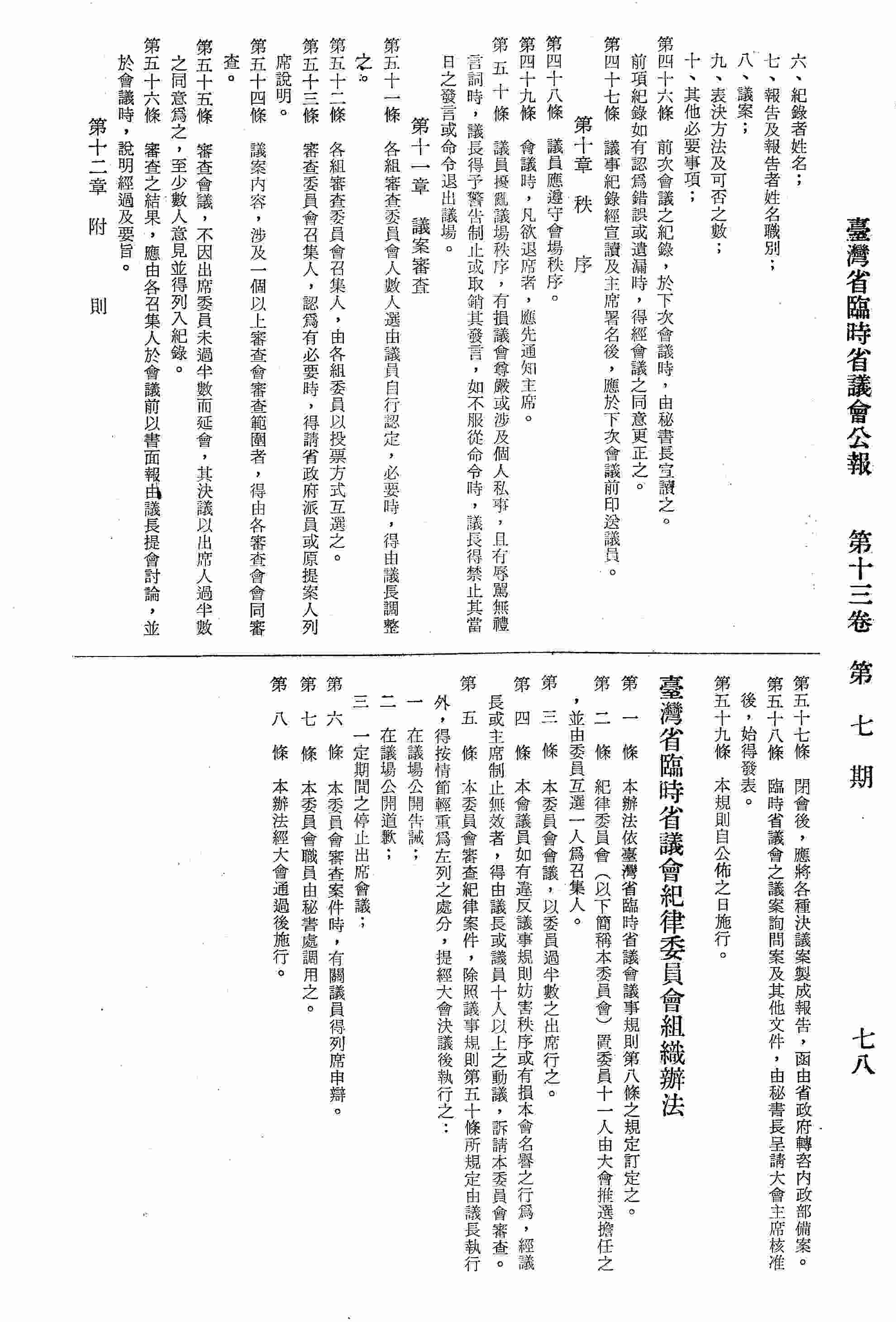臺灣省臨時省議會紀律委員會組織辦法。