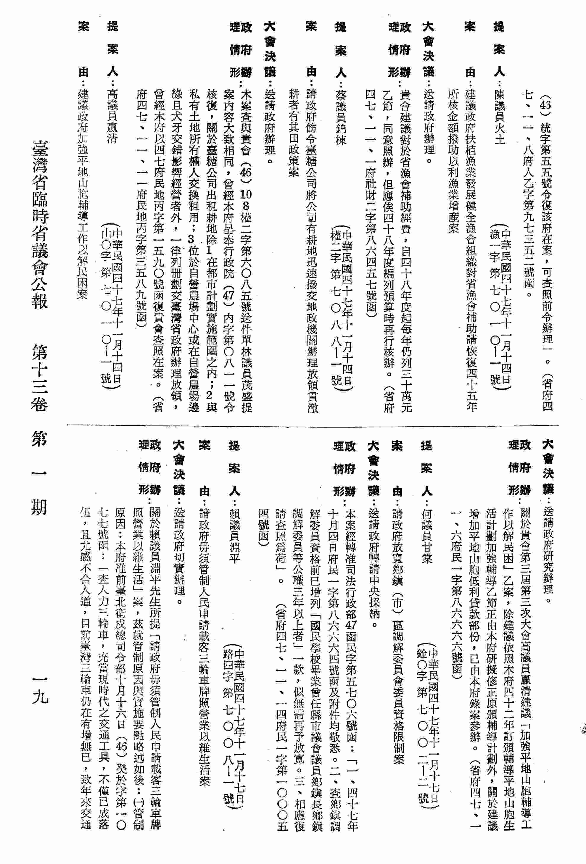 建議政府扶植漁業發展健全漁會組織對省漁會補助請恢復四十五年所核金額撥助以利漁業增產案。（省府四七、一一、一府財二字第八六四五七號函復）