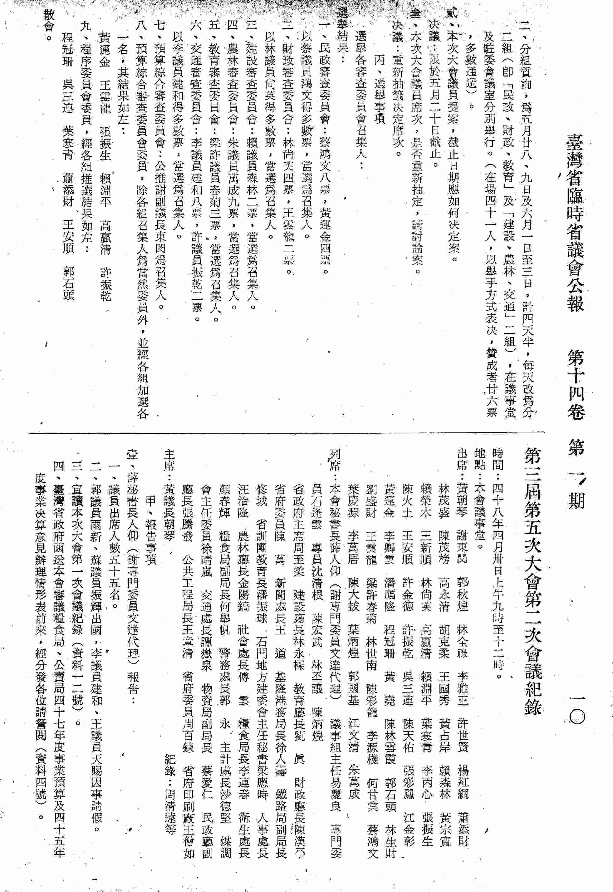 第三屆第五次大會第二次會議紀錄：甲、報告事項：壹、秘書長薛人仰報告；貳、省政府周主席施政總報告；?、黃議長報告。
