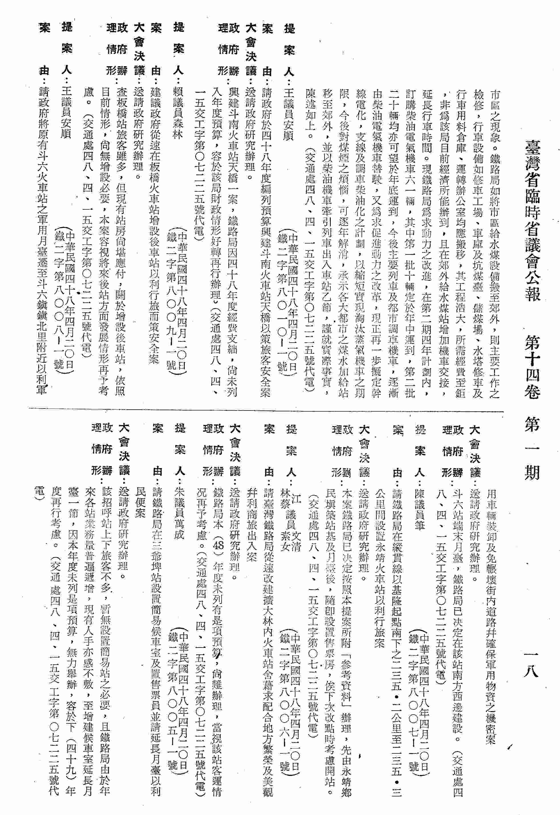 請政府於四十八年度編列預算興建斗六火車站天橋以策旅客安全案。(交通處四八、四、一五交工字第○七二二五號代電)