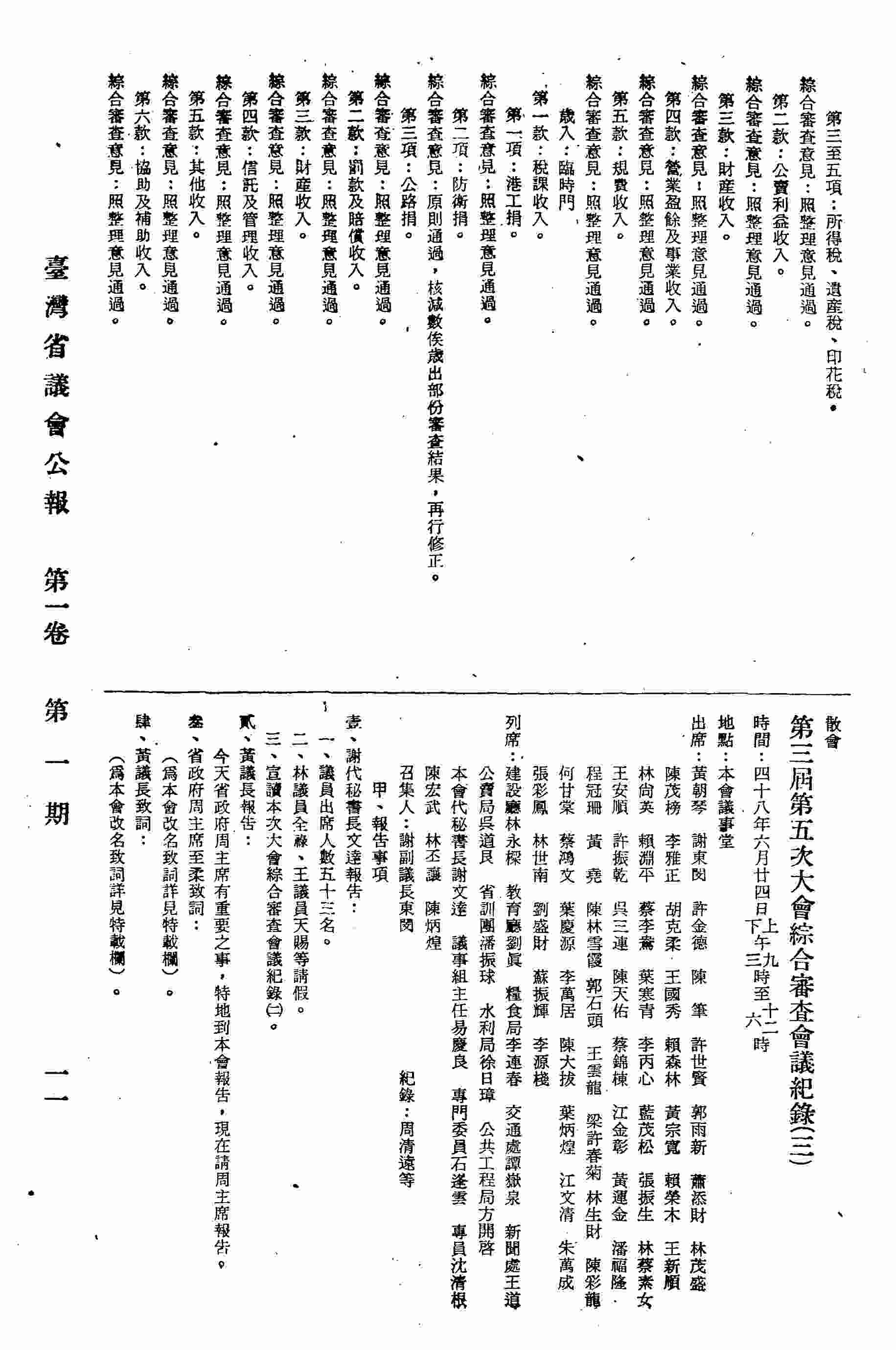 第三屆第五次大會綜合審查會議紀錄（三）：甲、報告事項：壹、謝代秘書長文達報告；?、黃議長報告；?、省政府周主席至柔致詞；肆、黃議長致詞；伍、謝副議長報告；乙、綜合審查事項：壹、綜合審查本省四十八年度地方總預算案：歲出：臨時門；歲入：經常門；歲入：臨時門。