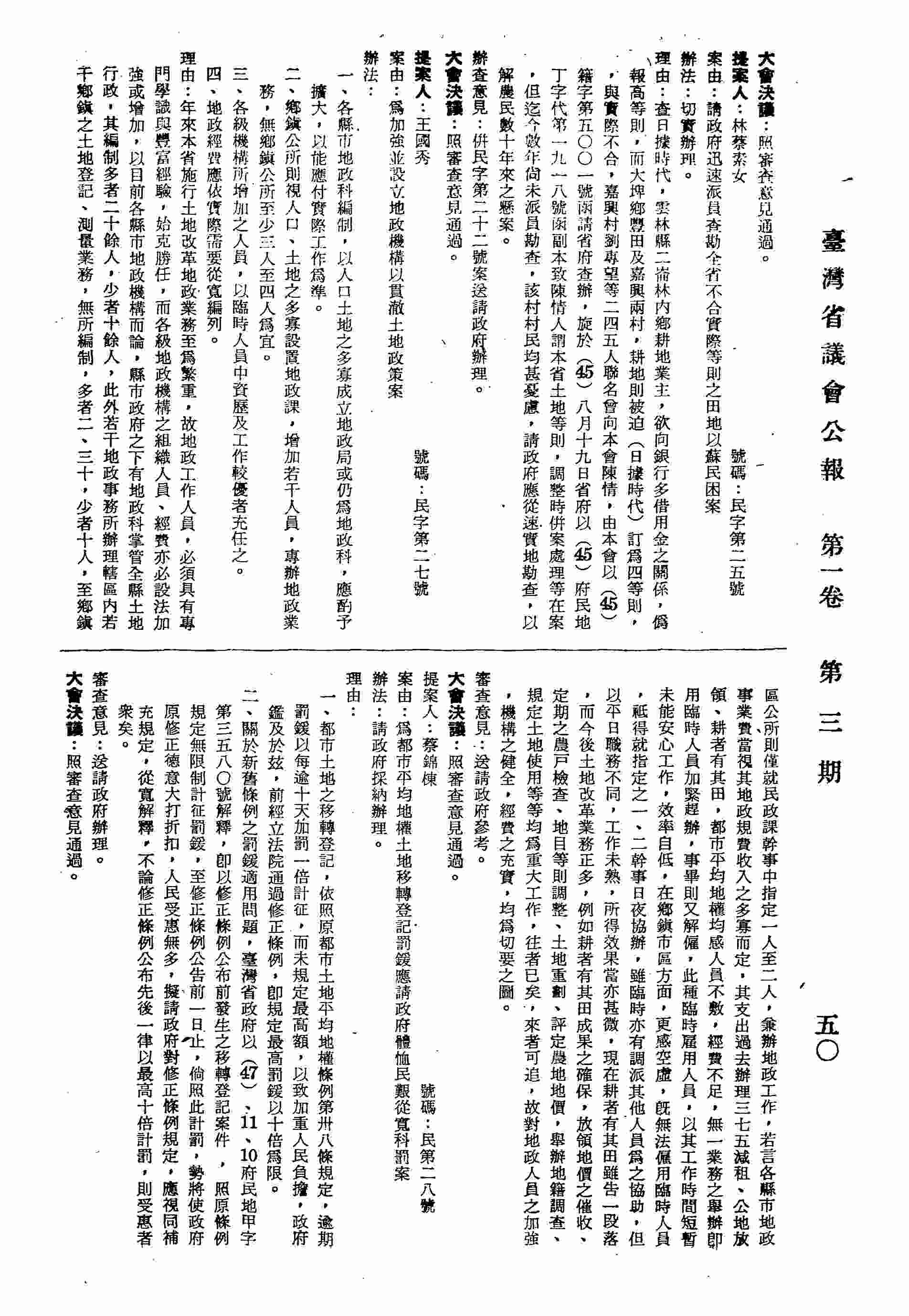 請政府迅速派員查勘全省不合實際等則之田地以蘇民困案。