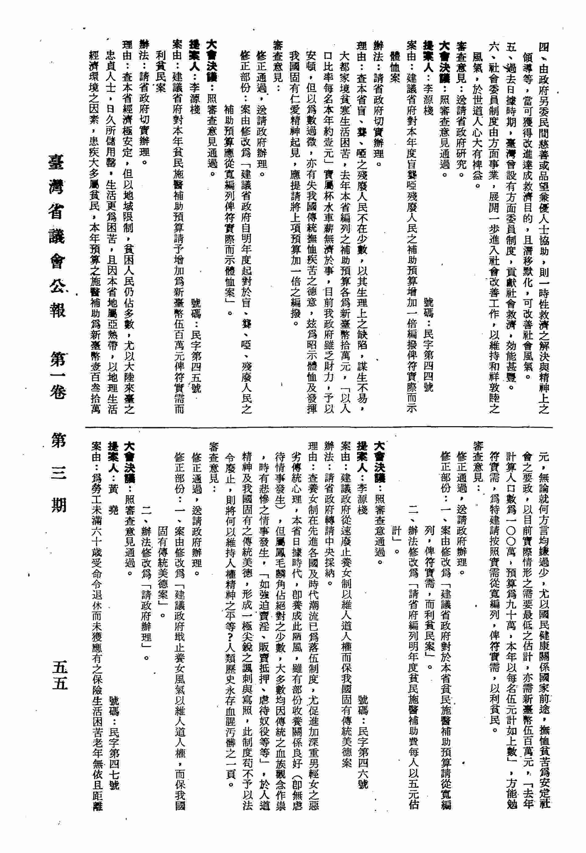 建議省府對本年度盲聾啞殘廢人民之補助預算增加一倍編撥俾符實際而示體恤案。