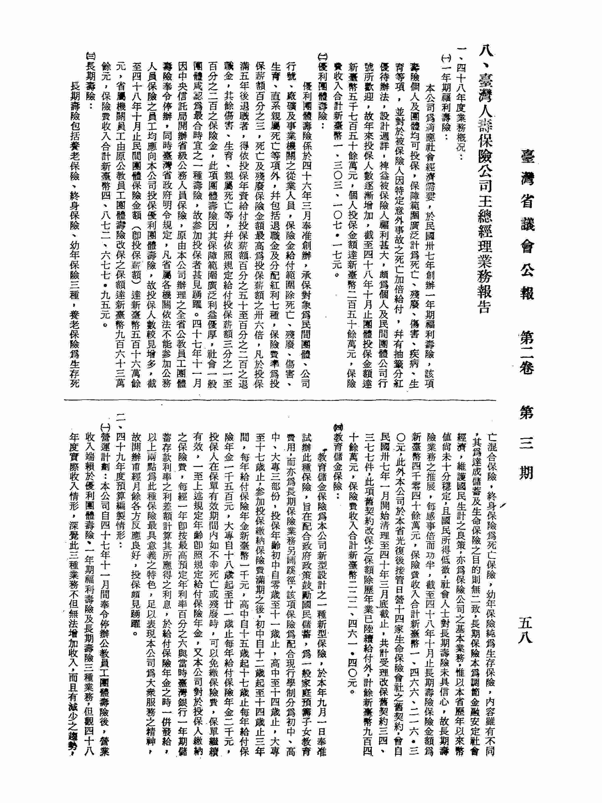 臺灣人壽保險公司總經理王紹興業務報告：一、四十八年度業務概況：1.一年期福利壽險，2.優利團體壽險，3.長期壽險，4.教育儲金保險；二、四十九年度預算編製情形：1.營運計劃，2.損益估計，固定資產建設改良擴充計劃；三、勞工、漁民、蔗農保險業務概況：1.勞工保險，2.漁民保險，3.蔗農保險。