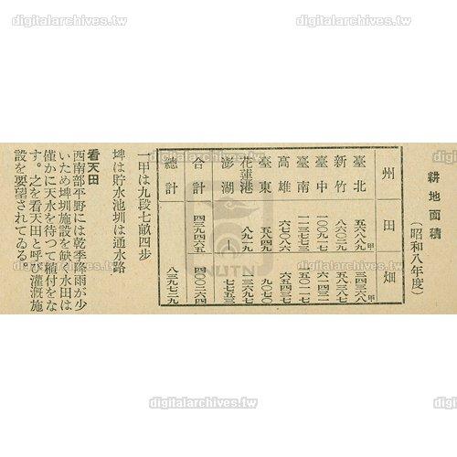 日文標題:耕地面積（昭和八年度）中文標題:耕地面積統計表（昭和八年統計）