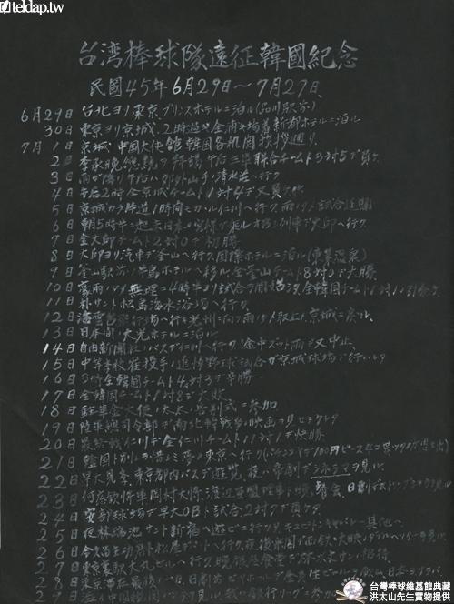 1955年中韓親善野球大會洪太山手稿