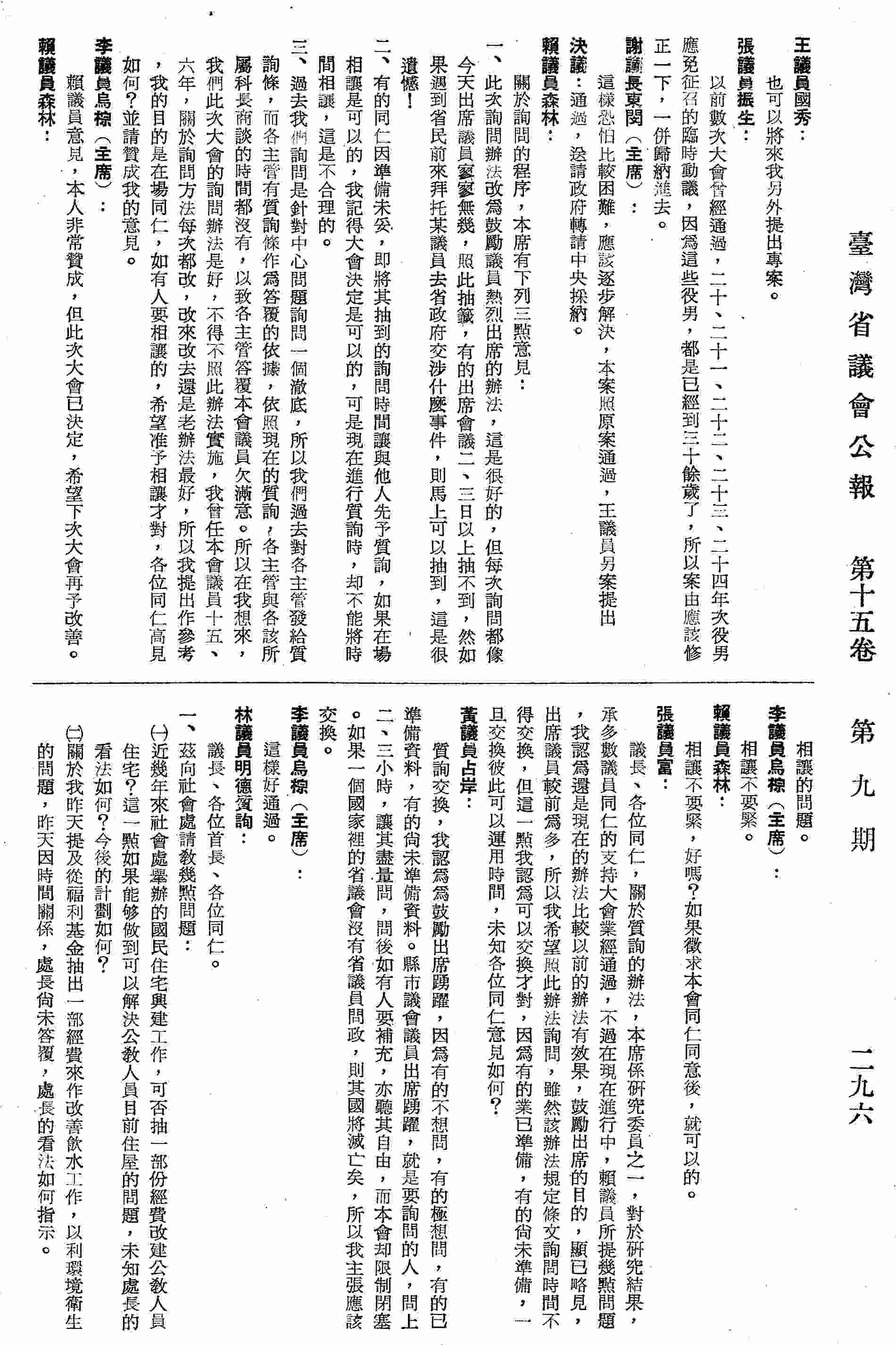 一、茲向社會處請教幾點問題：〈一〉近幾年來社會處舉辦的國民住宅興建工作，可否抽一部份經費改建公教人員住宅？〈二〉關於從福利金抽出一部經費來作改善飲水工作，以利環境衛生的問題；〈三〉關於本省人口不斷地增加，以致人浮於事業無法就業的人日多一日，所以可否透過外交關係，把我們目前有剩餘的人力來向外發展，移民與我國有邦交之國家去發展，未知社會處的看法如何？二、向地政局提出一點意見請教：關於土地重劃工作，經費運用配合上如何？有關公教人員宿舍辦理情形？農地重劃繁重困難工作應把握時間好好設計充實，經費有無困難及工作情形如何？