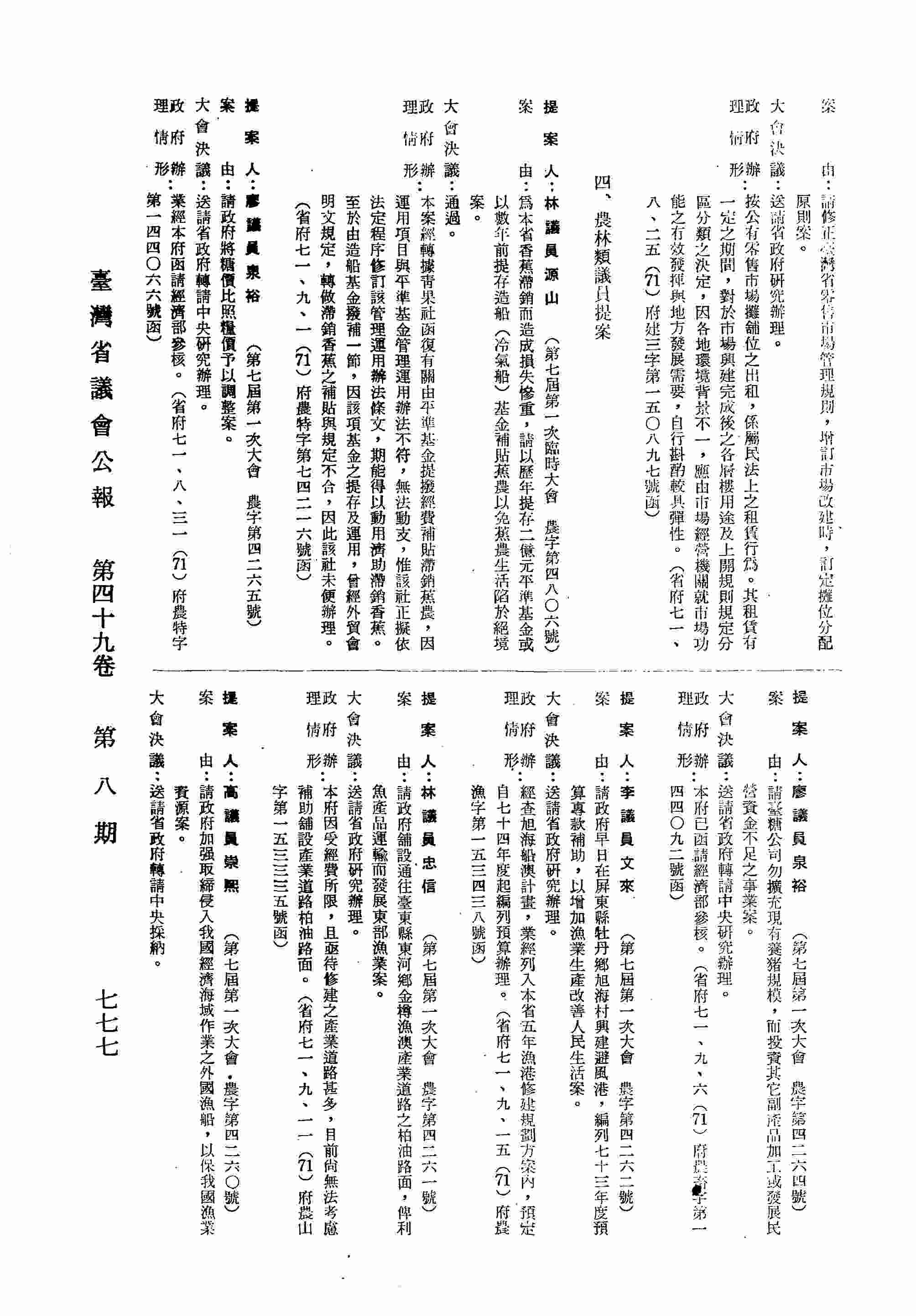 請臺糖公司勿擴充現有養豬規模，而投資其他附產品加工或發展民營資金不足之事業案。（省府七一、九、六（71）府農畜字第一四四○九號函復）
