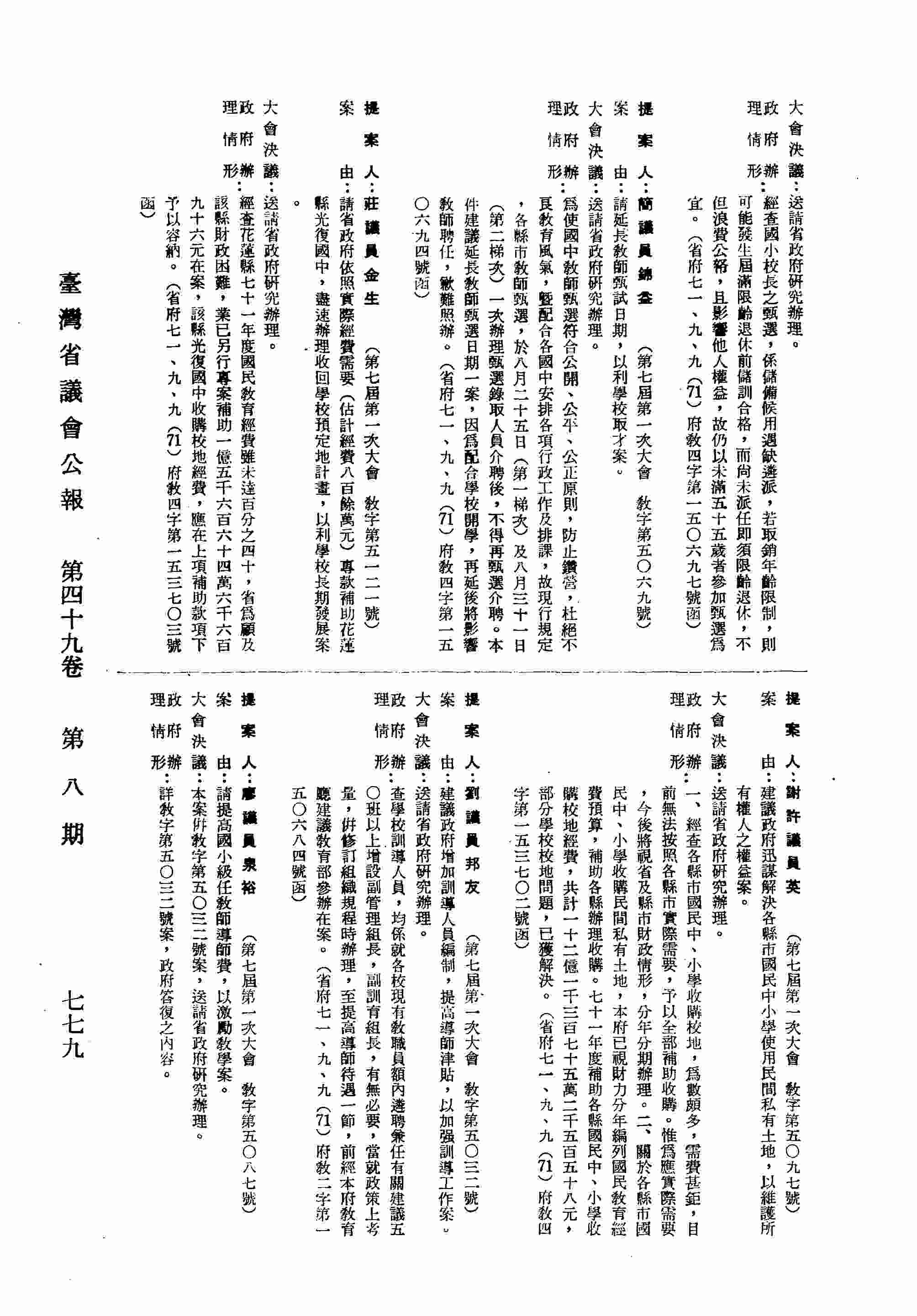 建議政府增加訓練人員編制，提高導師津貼，以加強訓導工作案。（省府七一、九、九（71）府教二字第一五○六八四號函復）