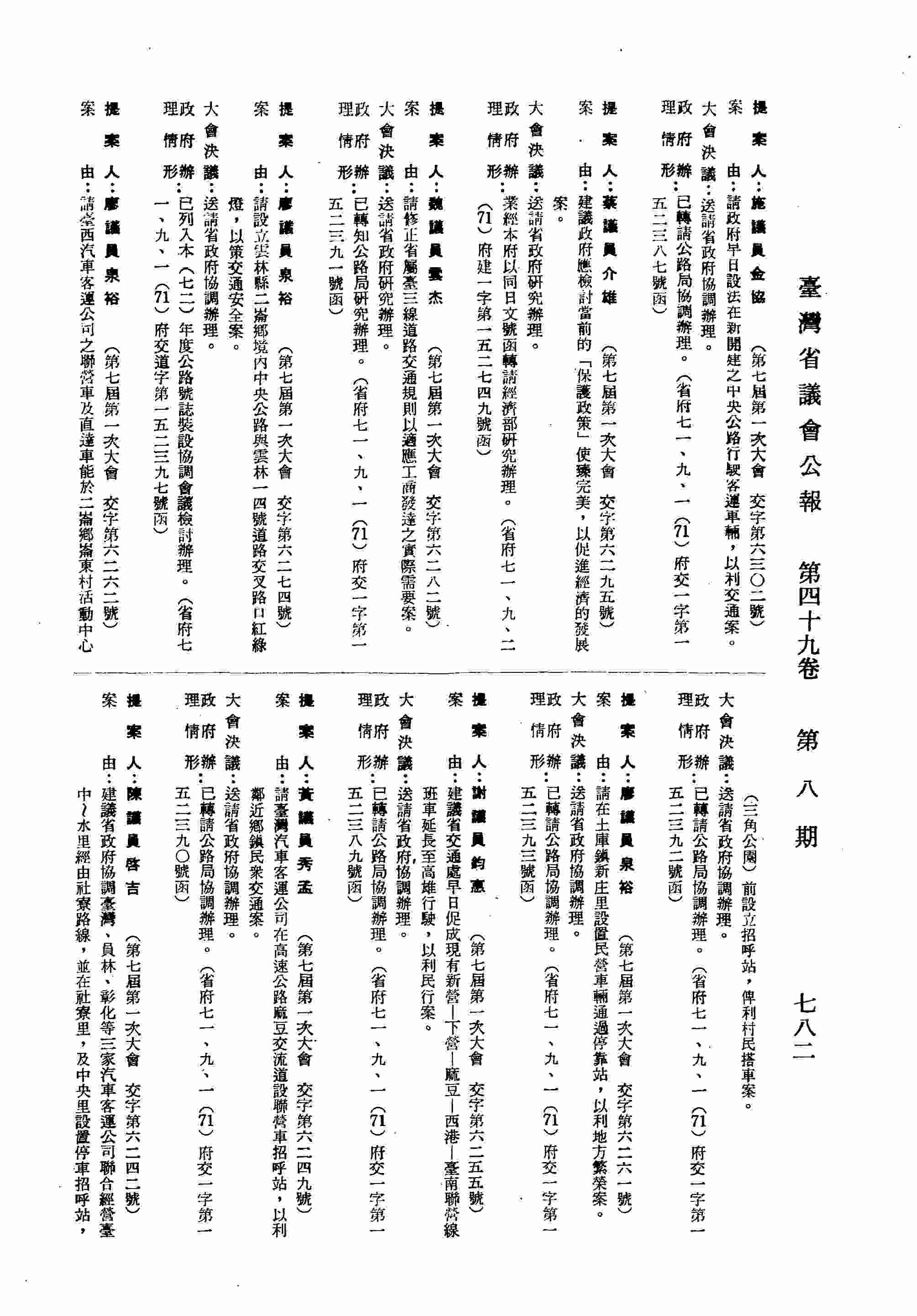 請修正省屬臺三線道路交通規則以適應工商發達之實際需要案。（省府七一、九、一（71）府交一字第一五二三九一號函復）