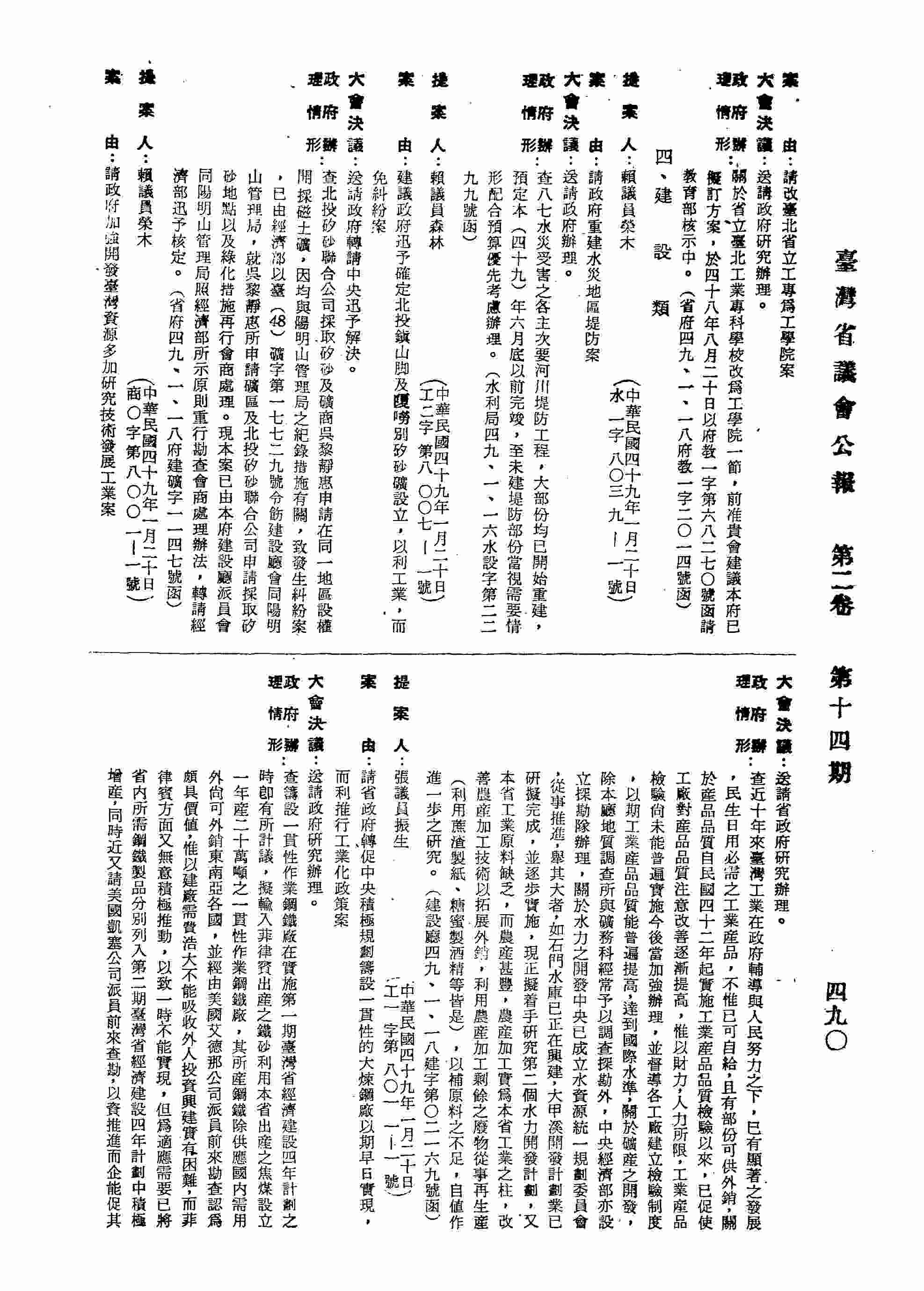 請政府加強開發臺灣資源多加研究技術發展工業案。（建設廳四九、一、一八建字第○二一六九號函復）