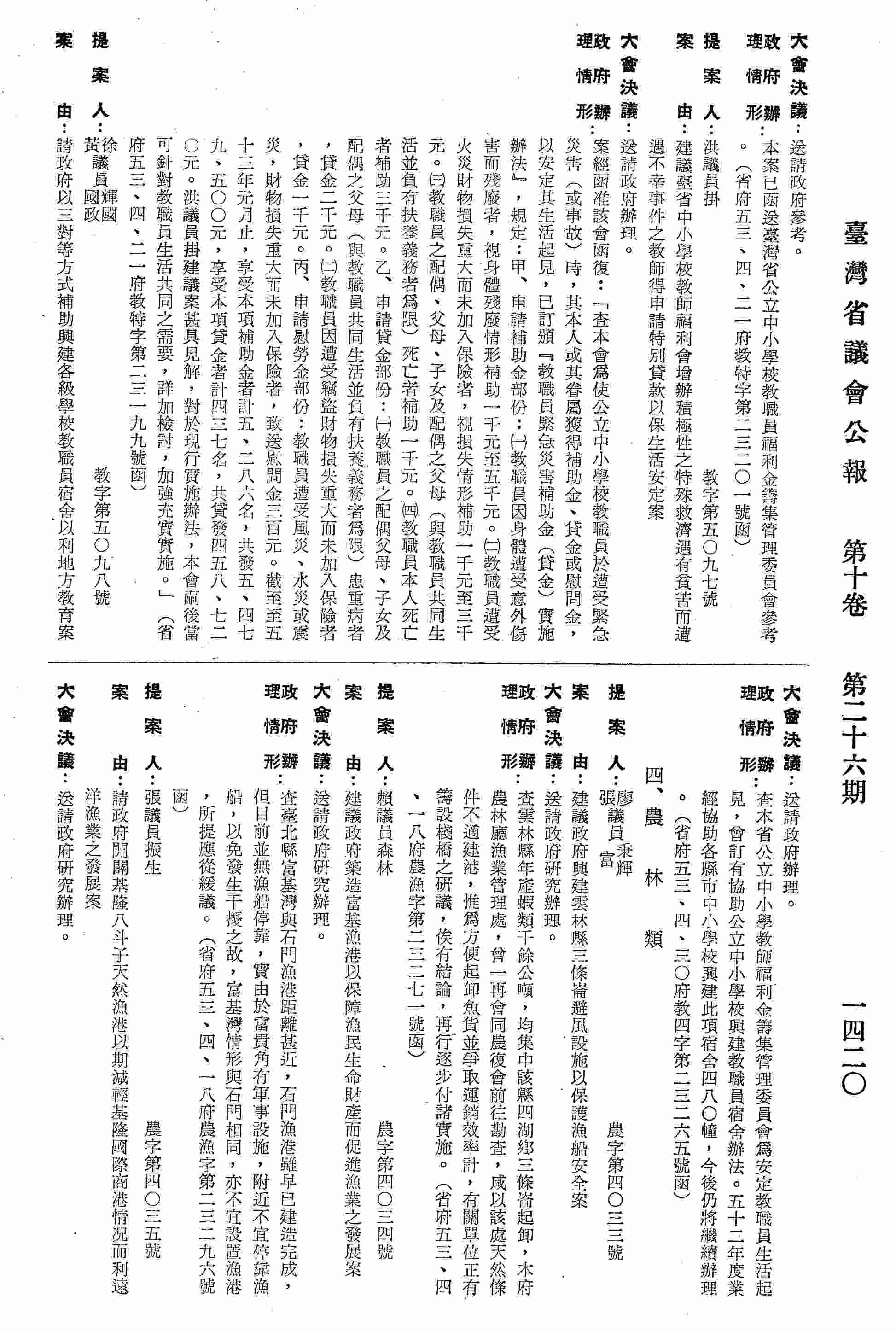 請政府開闢基隆八斗子天然漁港以期減輕基隆國際商敢情況而利遠洋漁業之發展案。〈省府五三、四、二五府農漁字第二三二九八號函復〉