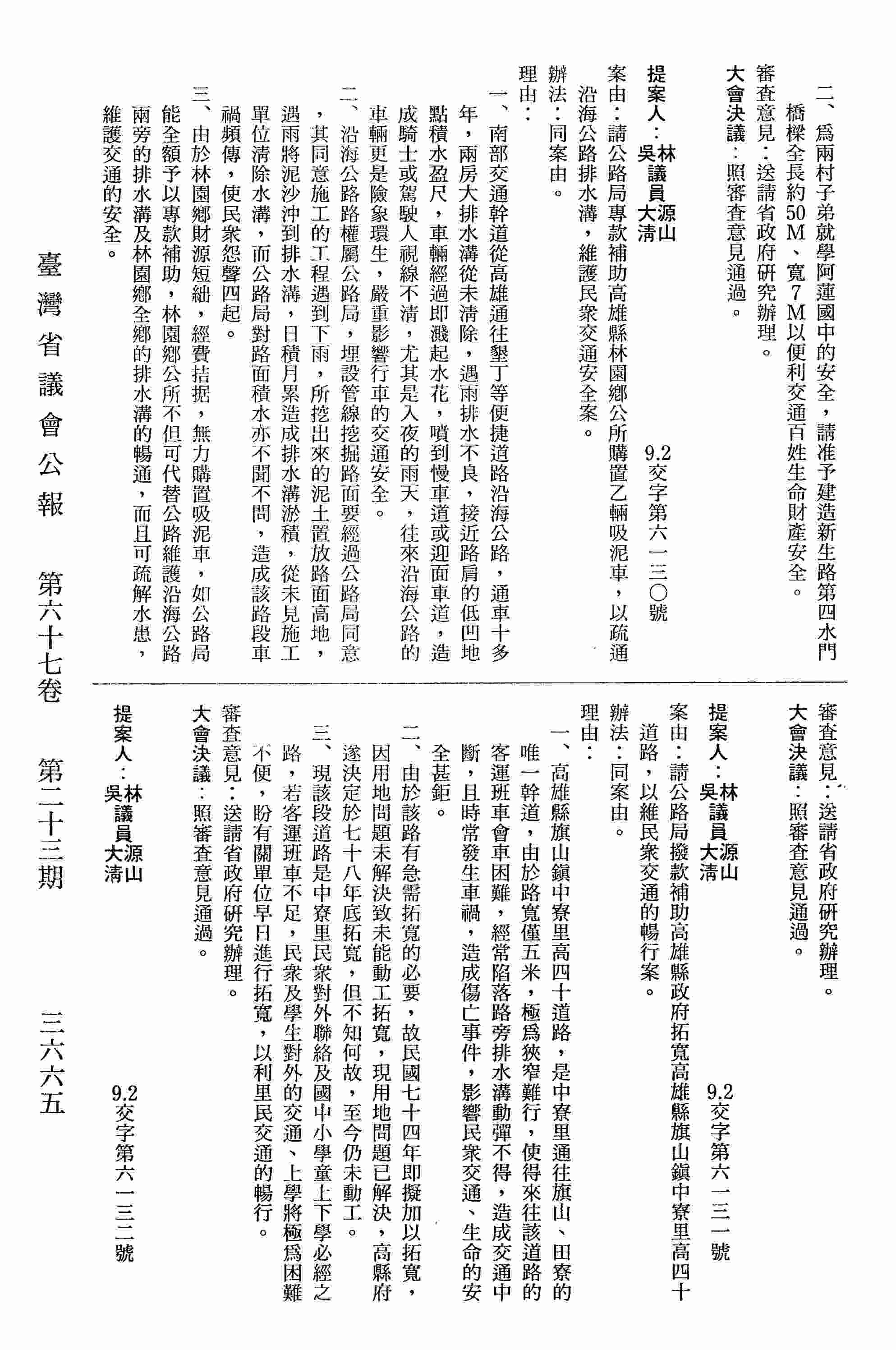 請公路局從速撥款重新翻修高雄縣茄萣鄉濱海道路，並興建道路兩旁之排水溝，以維民眾生命與交通之安全案。