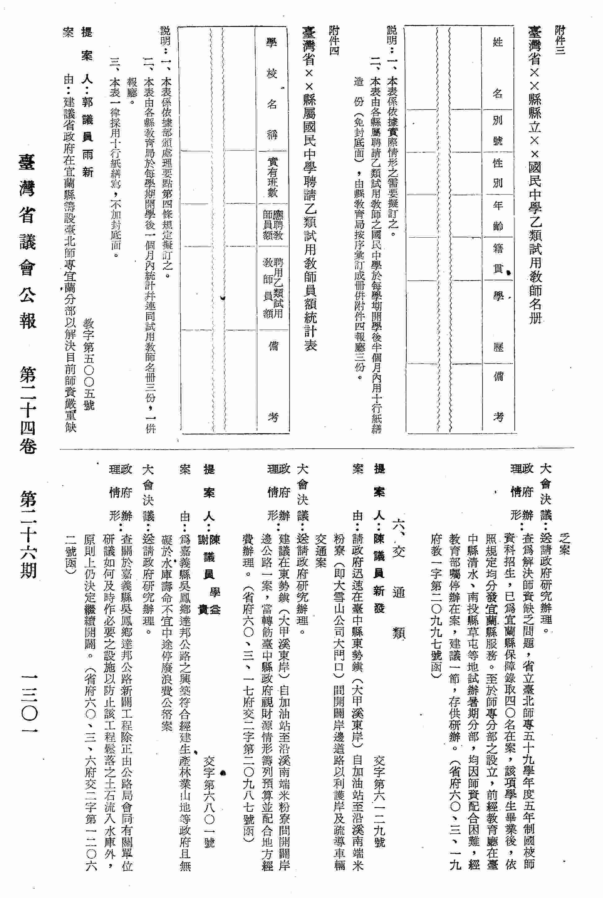 請政府迅速在臺中縣東勢鎮〈大甲溪東岸〉自加油站至沿溪南端米粉寮〈即大雪山公司大門口〉間開闢岸邊道路以利護岸及疏導車輛交通案。〈省府六○、三、一七府交二字第二○九八七號函復〉