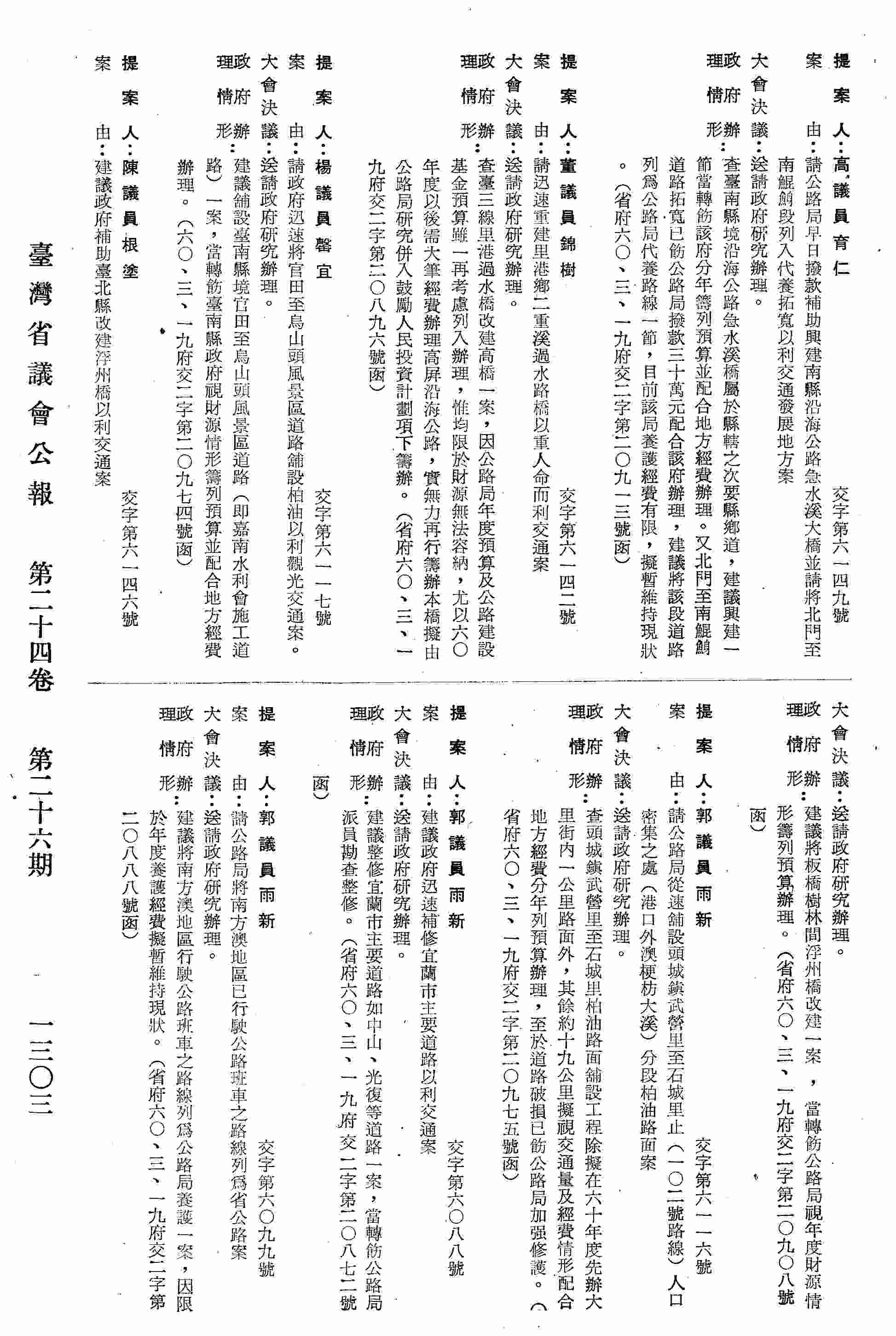 請迅速重建里港鄉二重溪過水路橋以重人命而利交通案。〈省府六○、三、一九府交二字第二○八九六號函復〉
