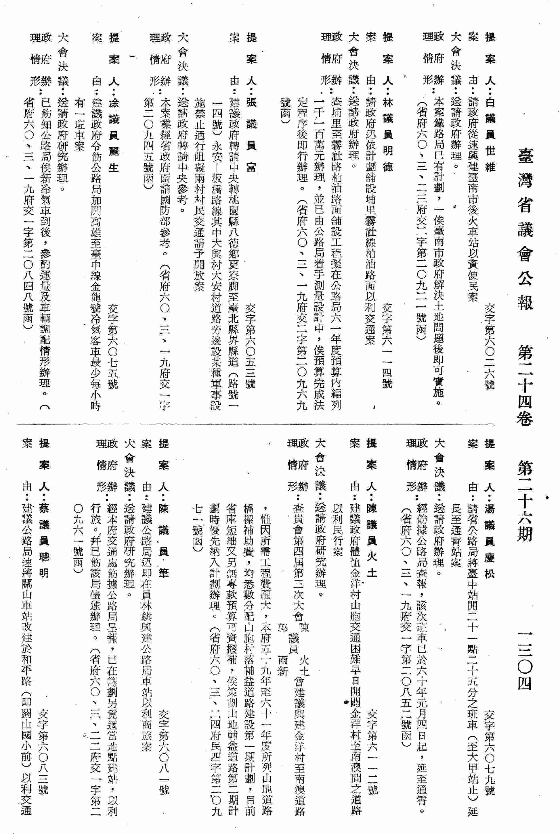 建議政府轉請中央轉桃園縣八德鄉更寮?至臺北縣界縣道〈路號一一四號〉永安－板橋路線其中大興村大安村道路旁邊設某種軍事設施禁止通行阻礙兩村村民交通請予開放案。〈省府六○、三、一九府交一字第第二○九四五號函復〉