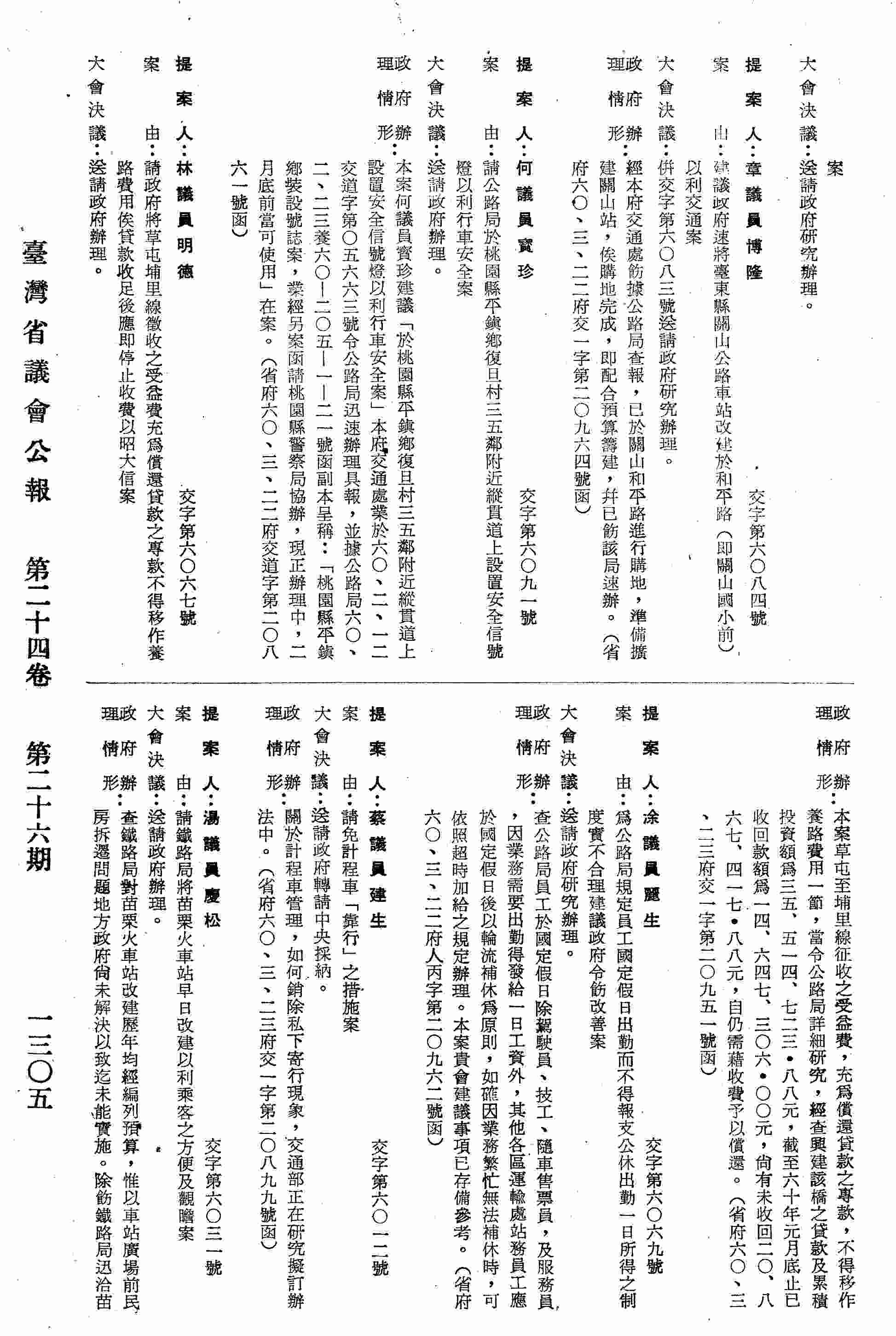 為公路局規定員工國定假日出勤而不得報支公休出勤一日所得之制度實不合理建議政府令飭改善案。〈省府六○、三、二三府人丙字第二○九六二號函復〉