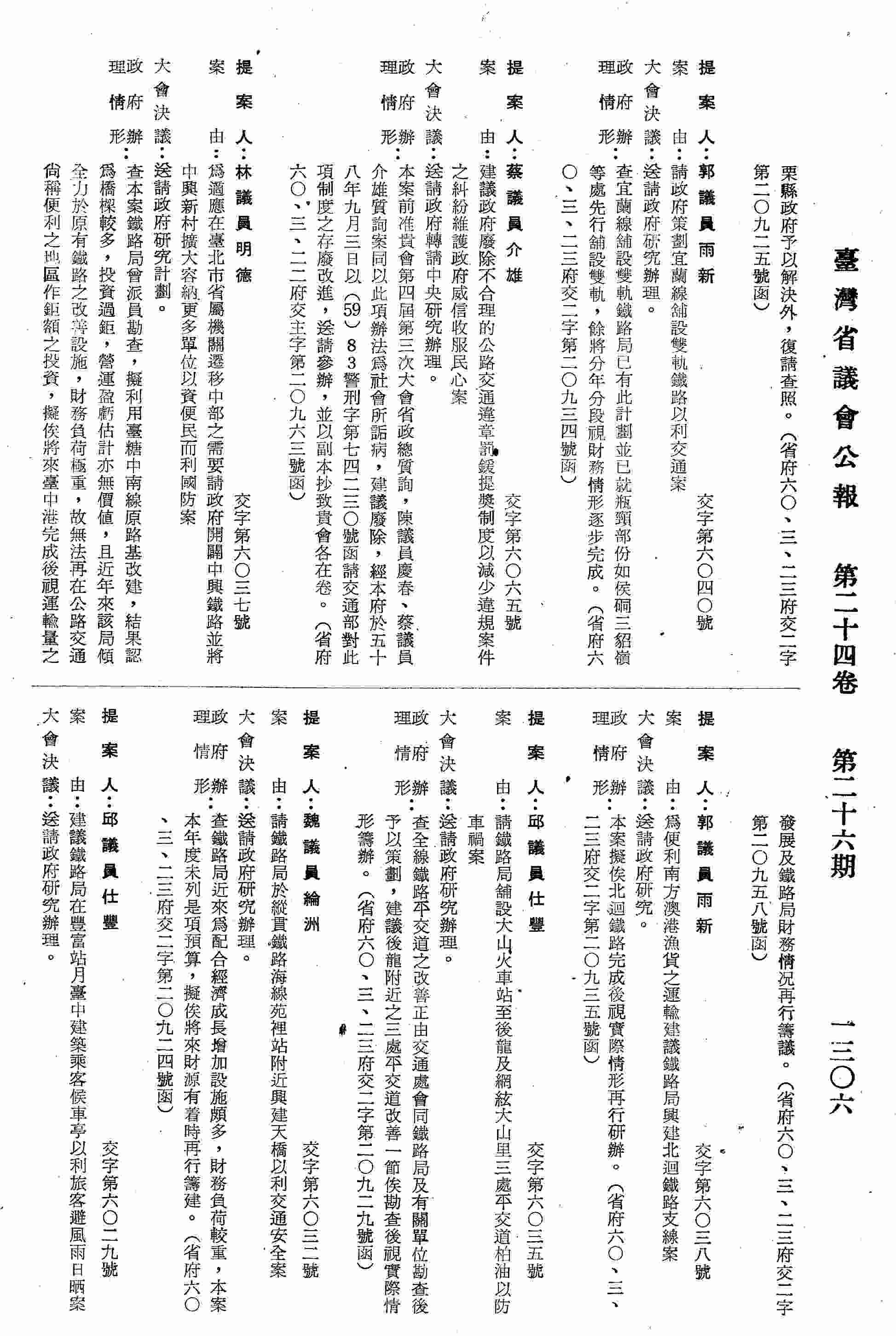 為適應在臺北市省屬機關遷移中部之需要請政府開闢中興鐵路並將中興新村擴大容納更多單位以資便民而利國防案。〈省府六○、三、二三府交二字第二○九五八號函復〉