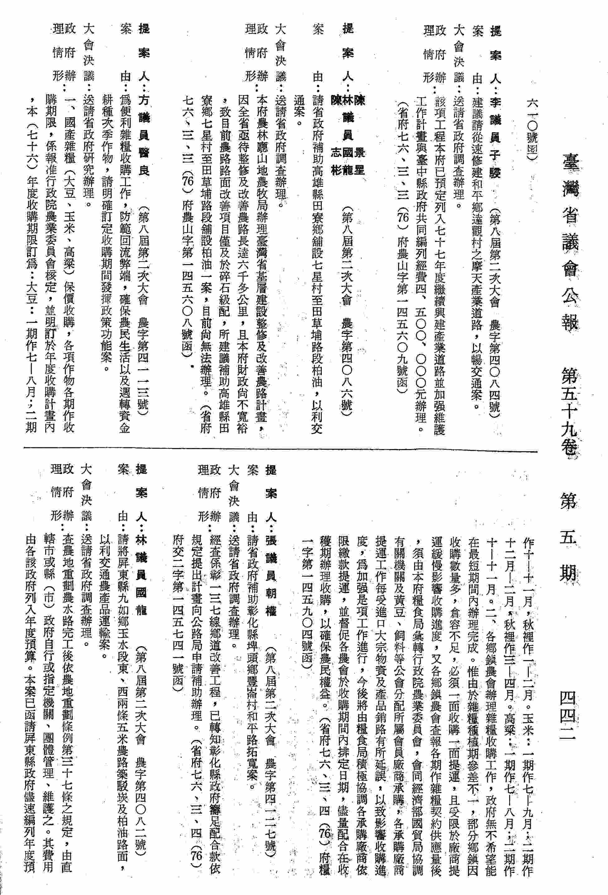 為便利雜糧收購工作，防範回流弊端，確保農民生活以及週轉資金耕種次季作物，請明確訂定收購期間發揮政策功能案。（省府七六、三、四（76）府糧一字第一四五九○四號函復）