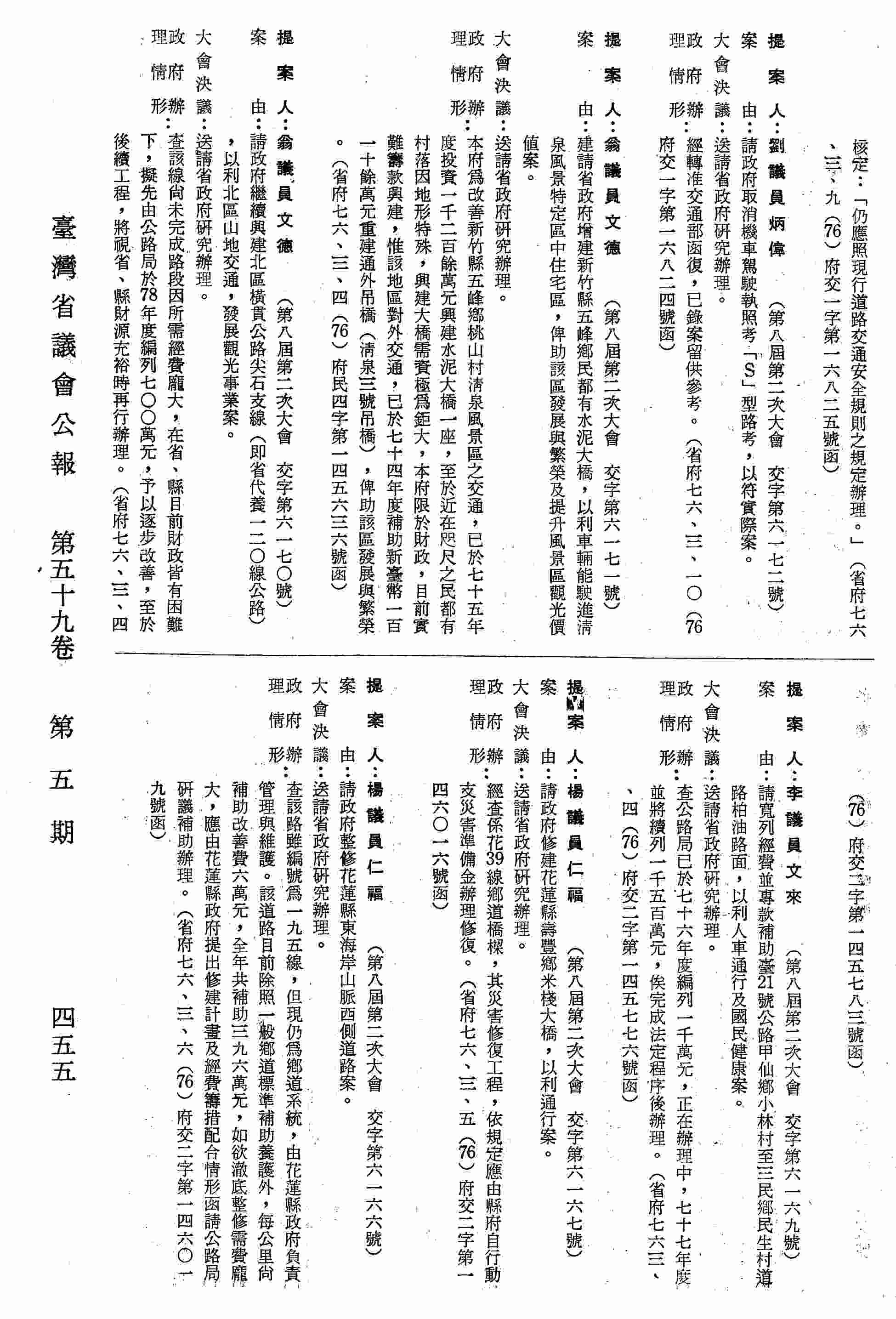 建請省政府增建新竹縣五峰鄉民都有水泥大橋，以利車輛能駛進清泉風景特定區中住宅區，俾助該區發展與繁榮及提升風景區觀光價值案。（省府七六、三、四（76）府民四字第一四五六三六號函復）