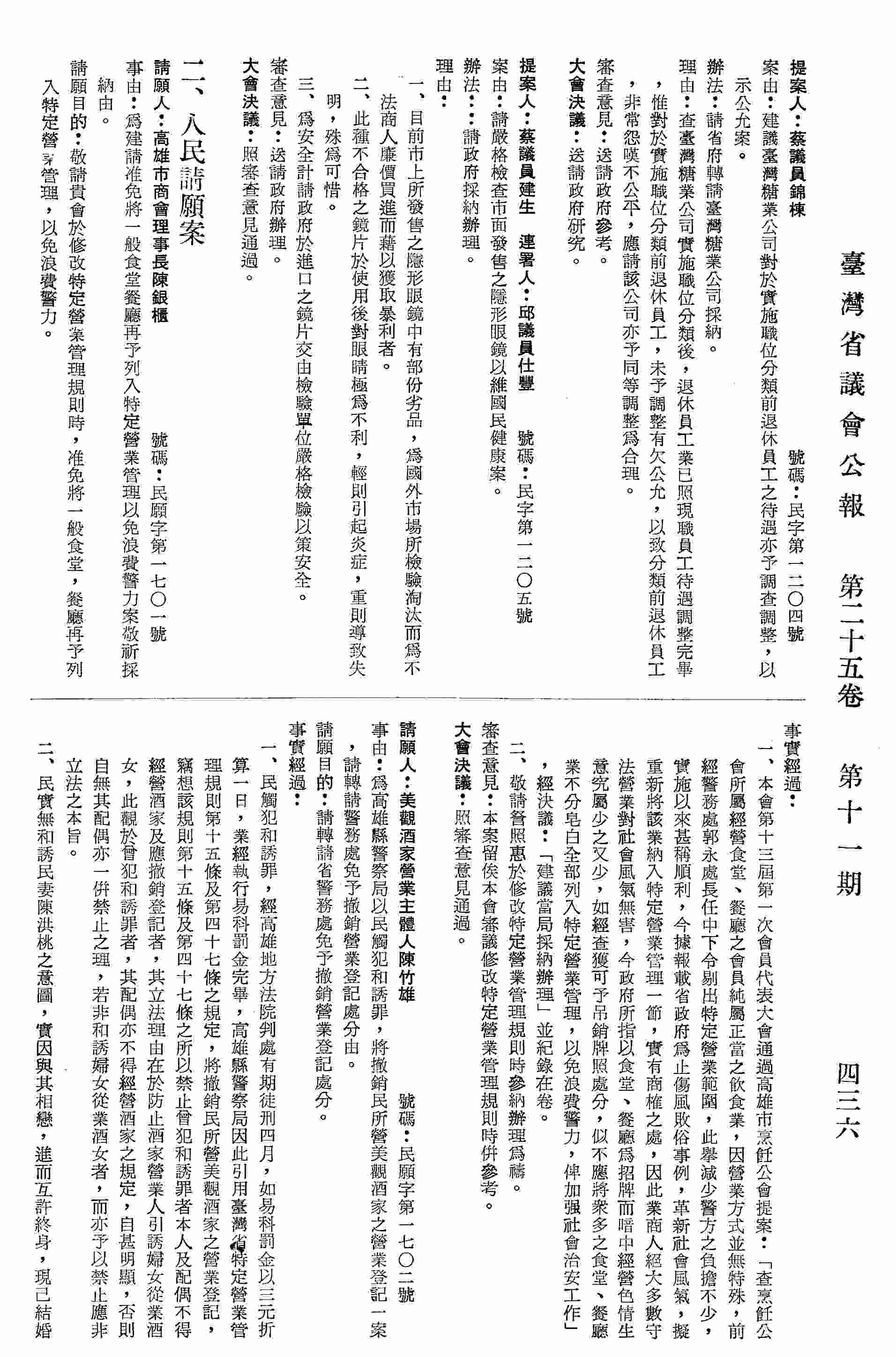 民政類：美觀酒家營業主體人陳竹雄請願為高雄縣警察局以民觸犯和誘罪，將撤銷美觀酒家之營業登記一案，請轉請警務處免予撤銷營業登記處分由。