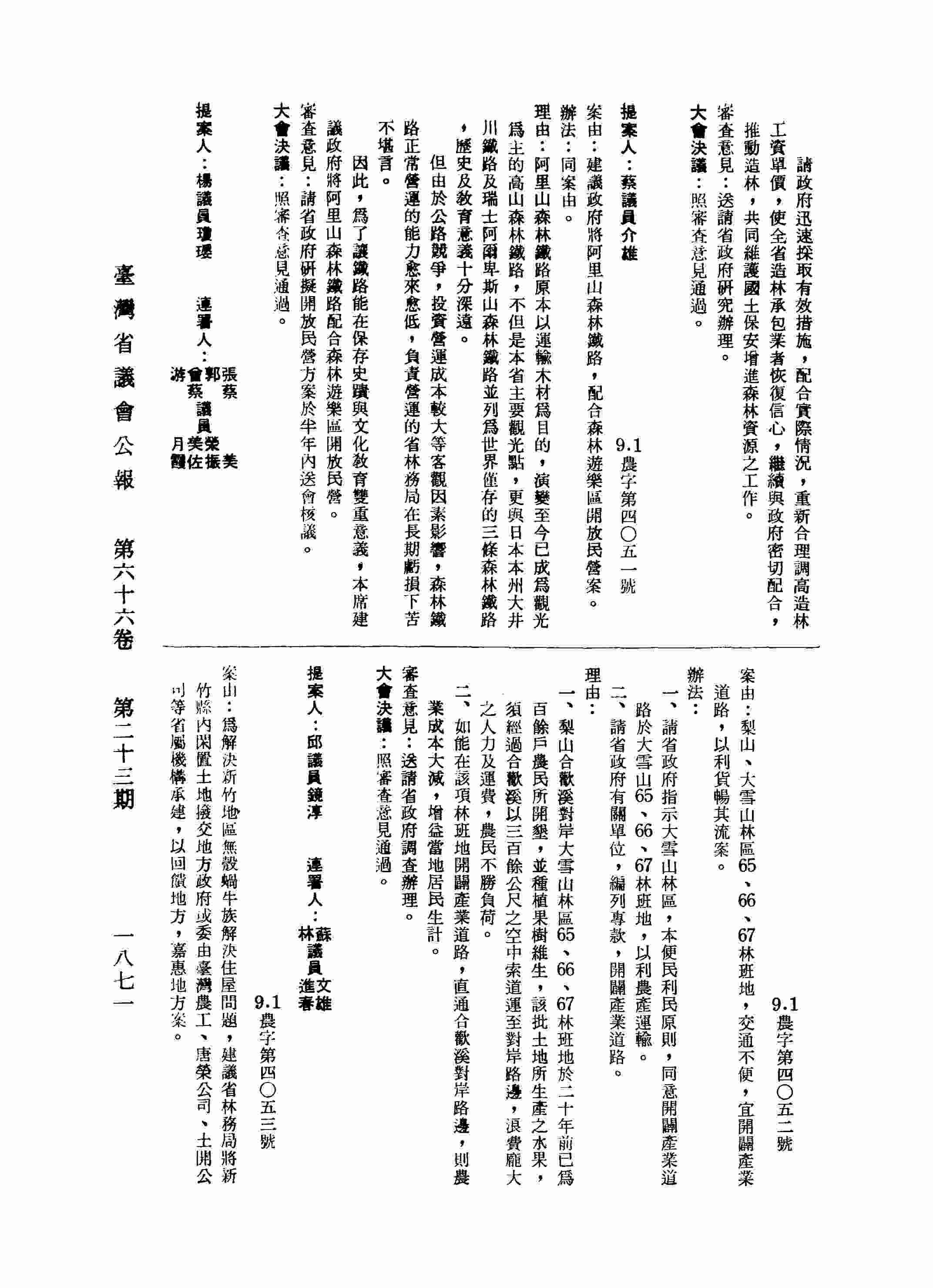 為解決新竹地區無殼蝸牛族解決住屋問題，建議省林務局將新竹縣內閑置土地撥交地方政府或委由臺灣農工、唐榮公司、土開公司等省屬機構承建，以回饋地方，嘉惠地方案。