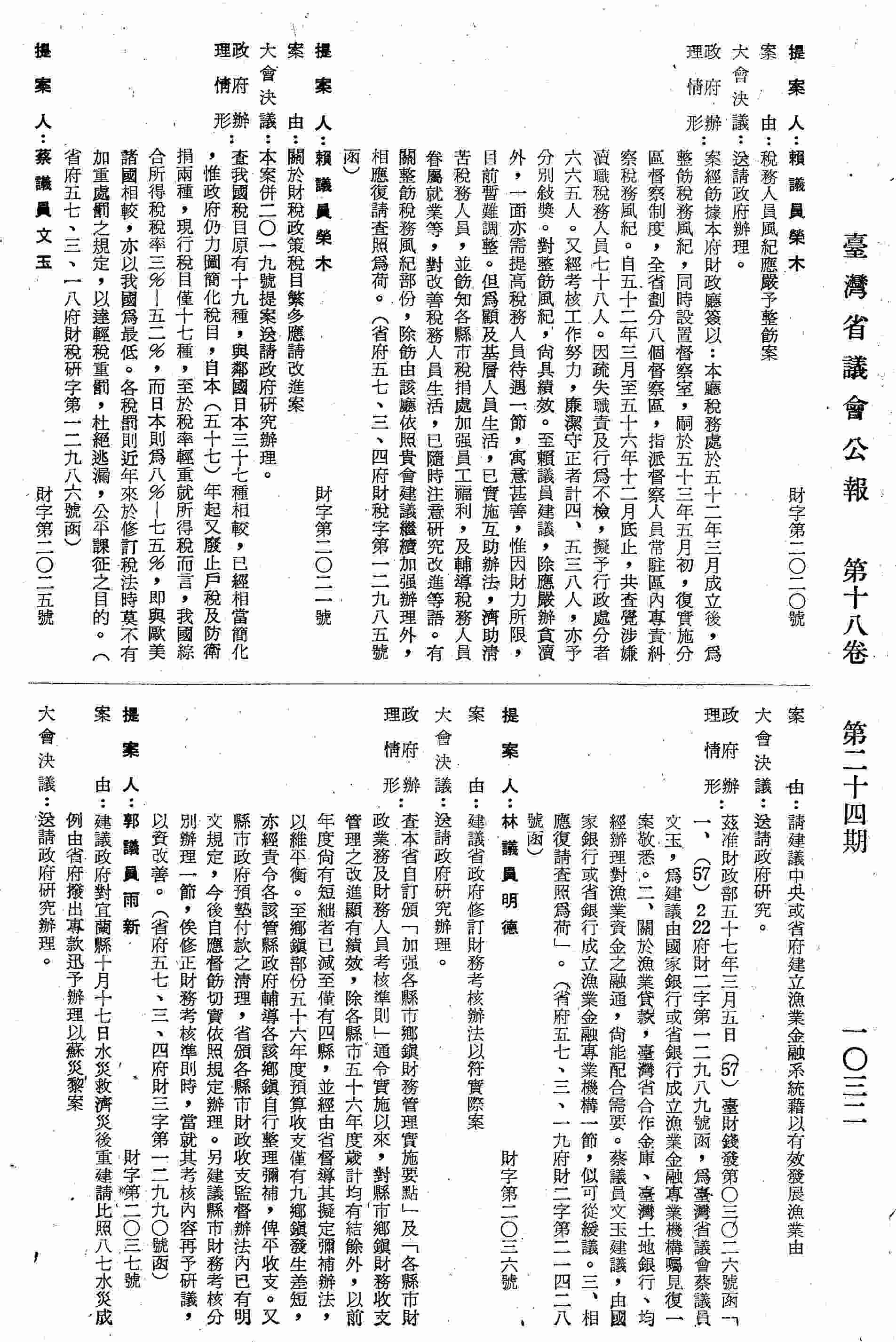 關於財稅政策稅目繁多應請改進案。（省府五七、三、一八府財稅研字第一二九八六號函復）