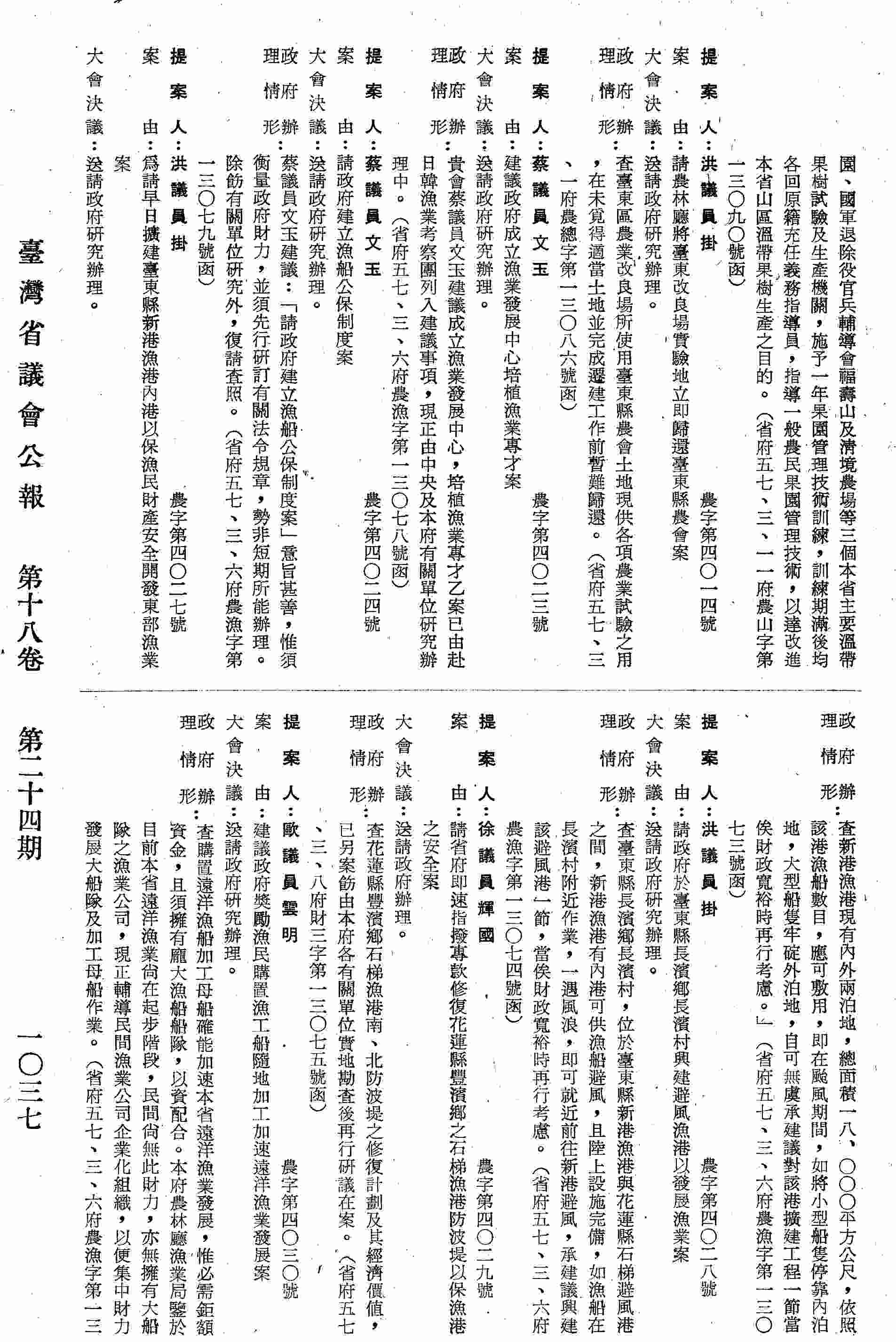 請政府於臺東縣長濱鄉長濱村興建避風漁港以發展漁業案。（省府五七、三、六府農漁字第一三○七四號）