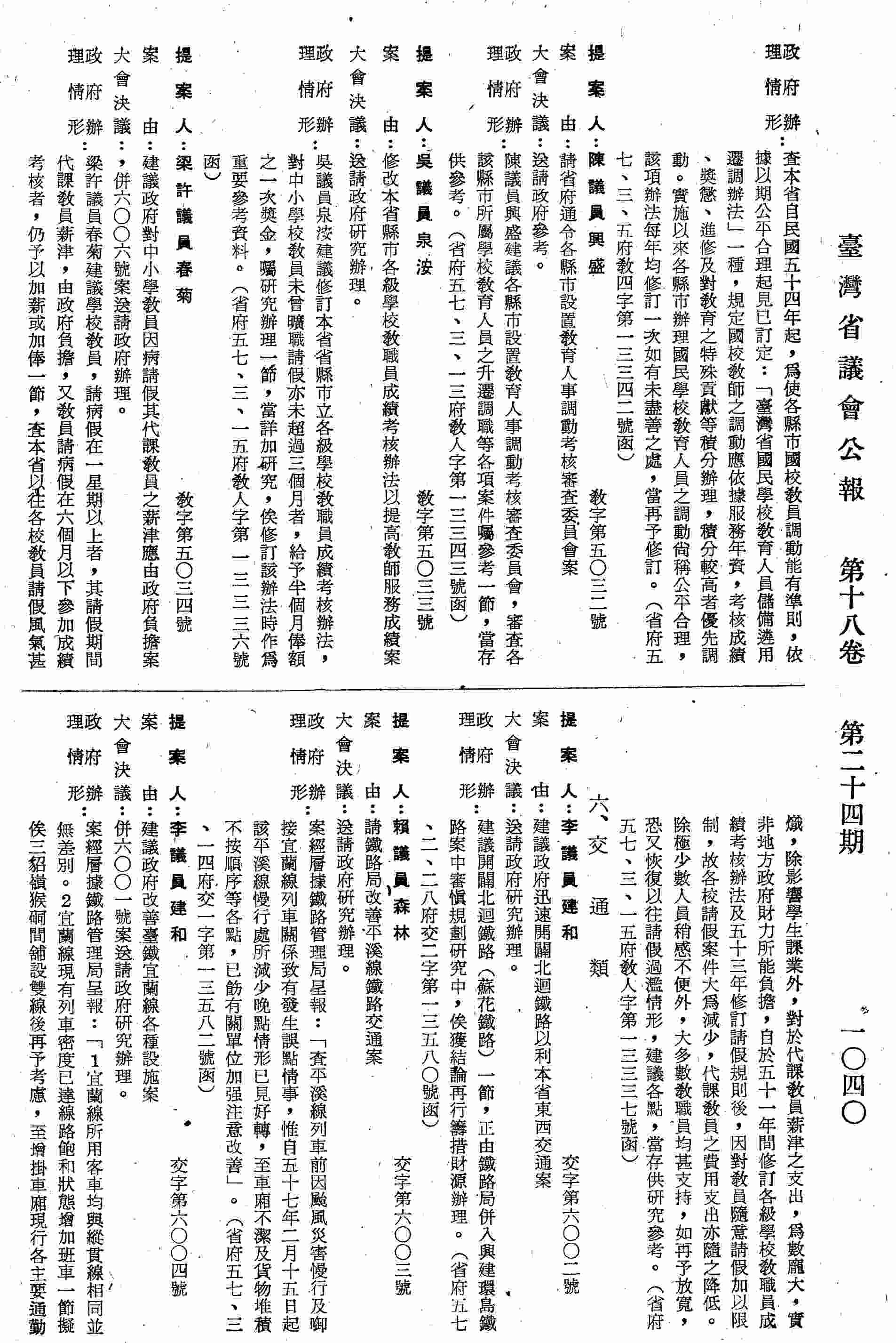 建議政府對中小學教員因病請假其代課教員之薪津應由政府負擔案。（省府五七、三、一五府教人字第一三三三七號號函復）