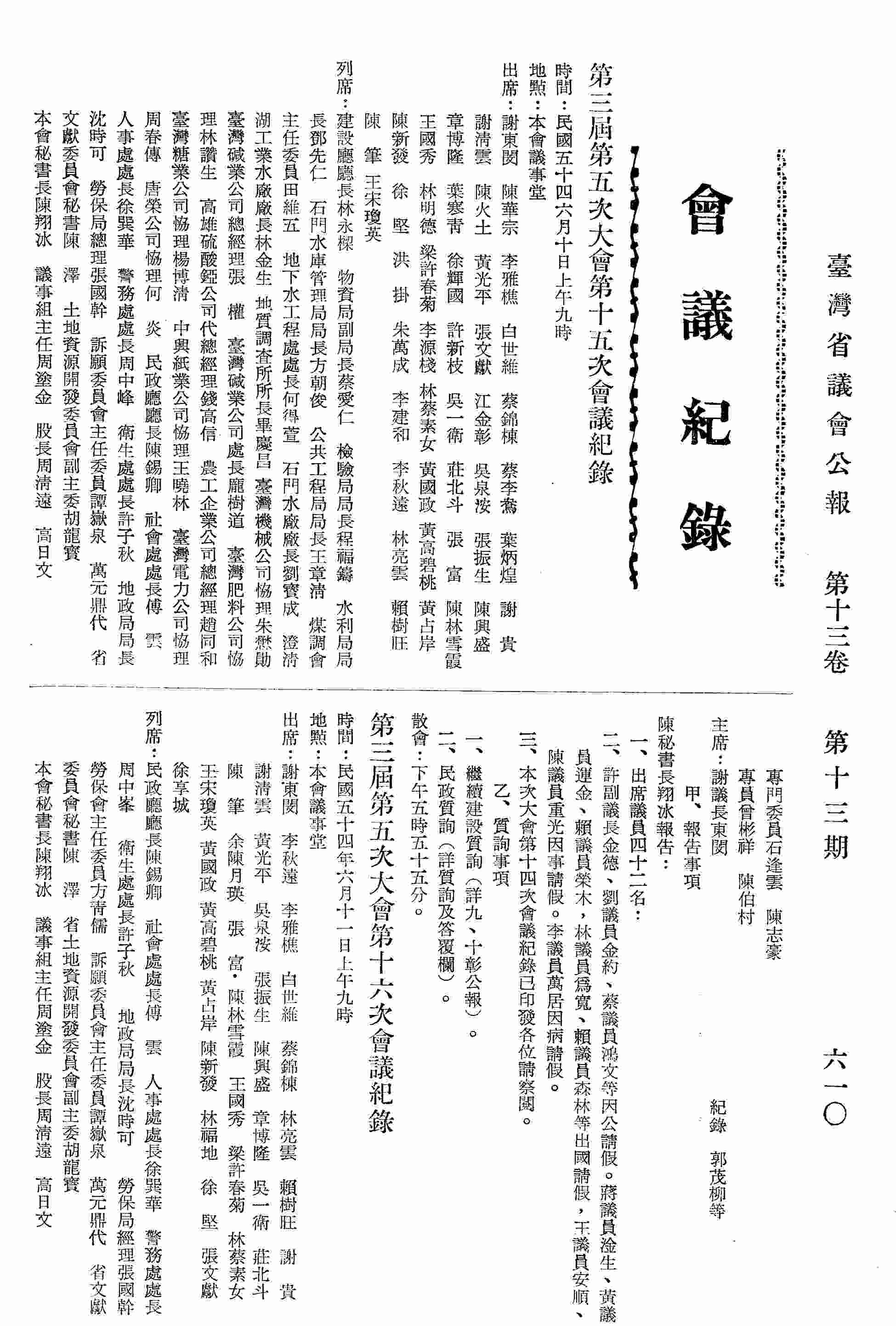第三屆第五次大會第十六次會議記錄：甲、報告事項；乙、質詢事項：繼續民政質詢。