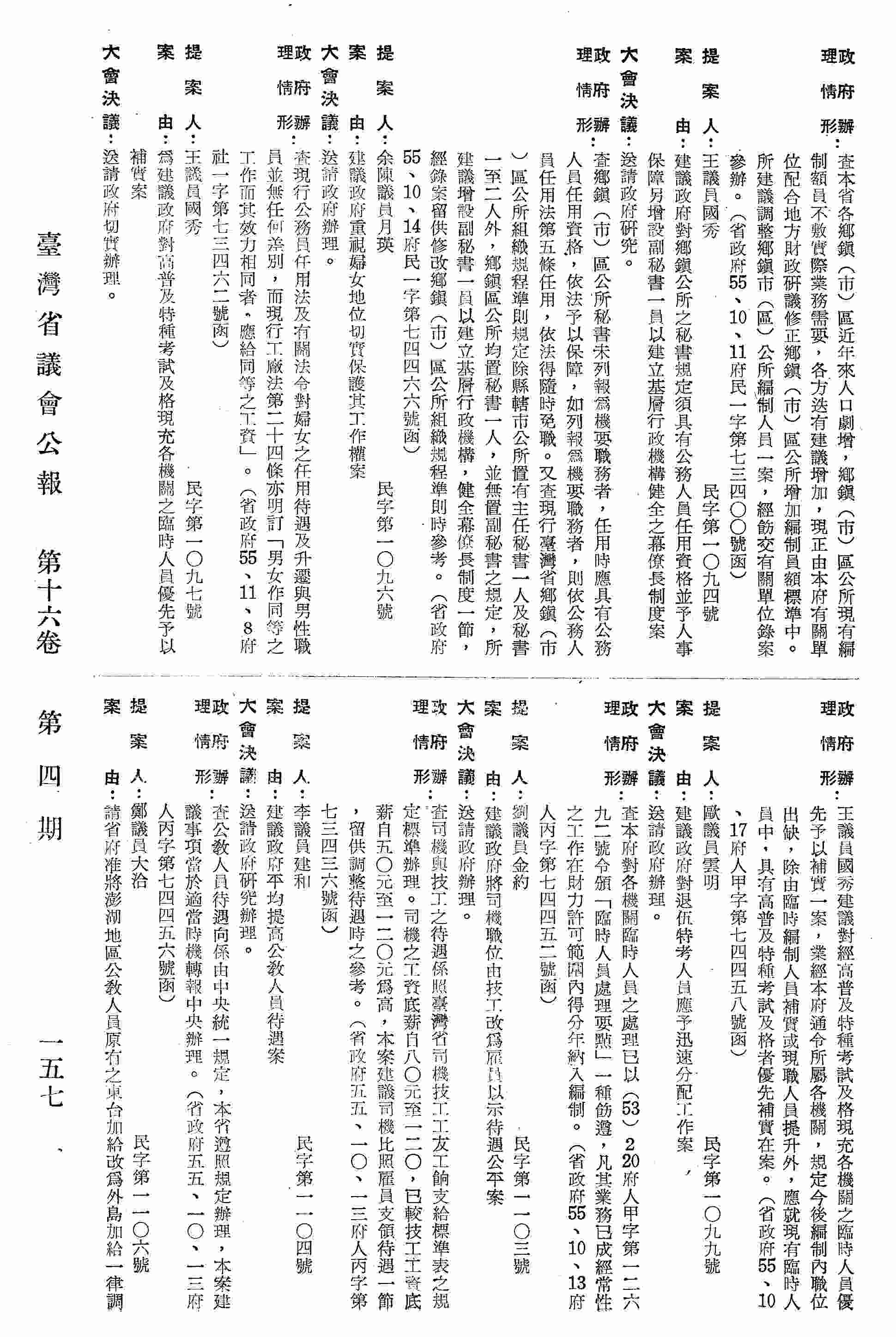 建議政府對退伍特考人員應予迅速分配工作案。（省政府55、10、13府人丙字第七四四五二號函復）