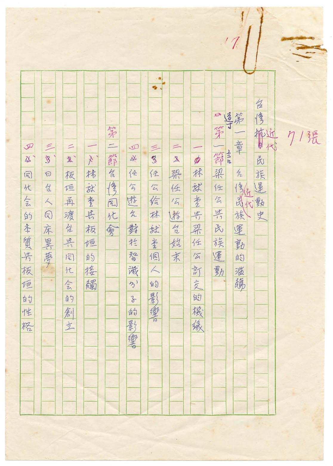 副系列名：台灣近代民族運動史案卷名：序跋件名：目次