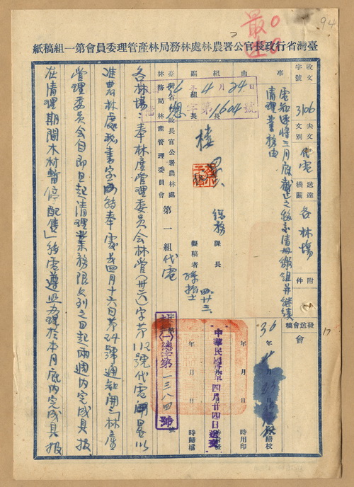 正題名:電知各林場速將民國36年3月底截止之移交清冊繳組並繼續清理業務
