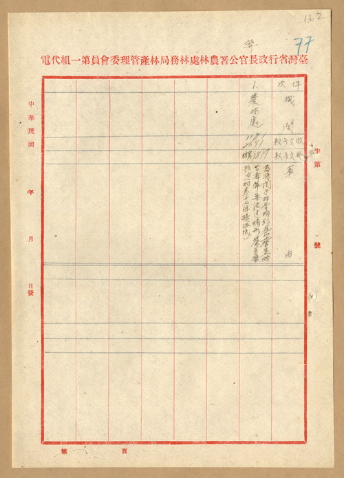 正題名:林產管理委員會第一組移交關係書類目錄（四）