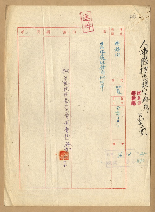 正題名:農林處林務局函覆林產管理委員會第一組所呈送年終考績委員名冊未符合規定